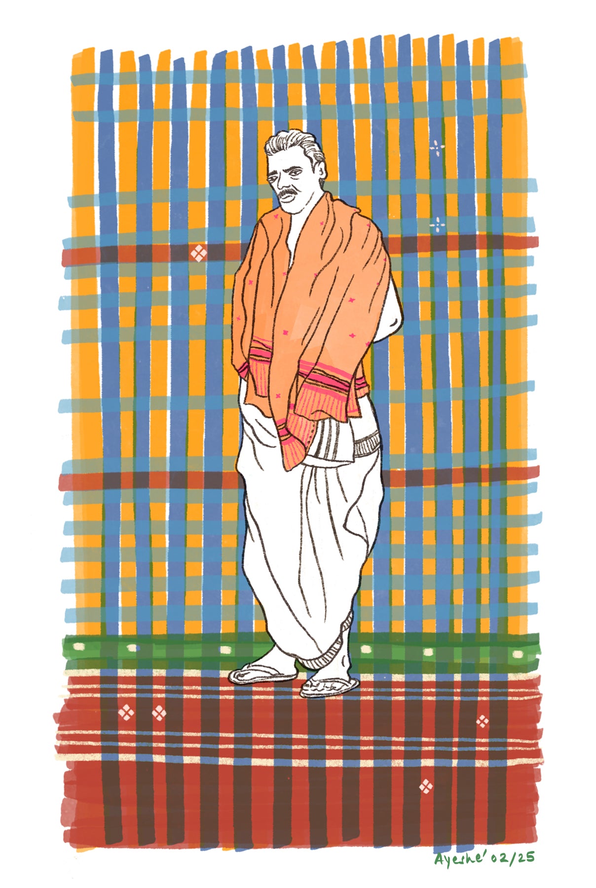 Gamchha in Daily Life – Illustrated Portrait Poster-Rural Elegance