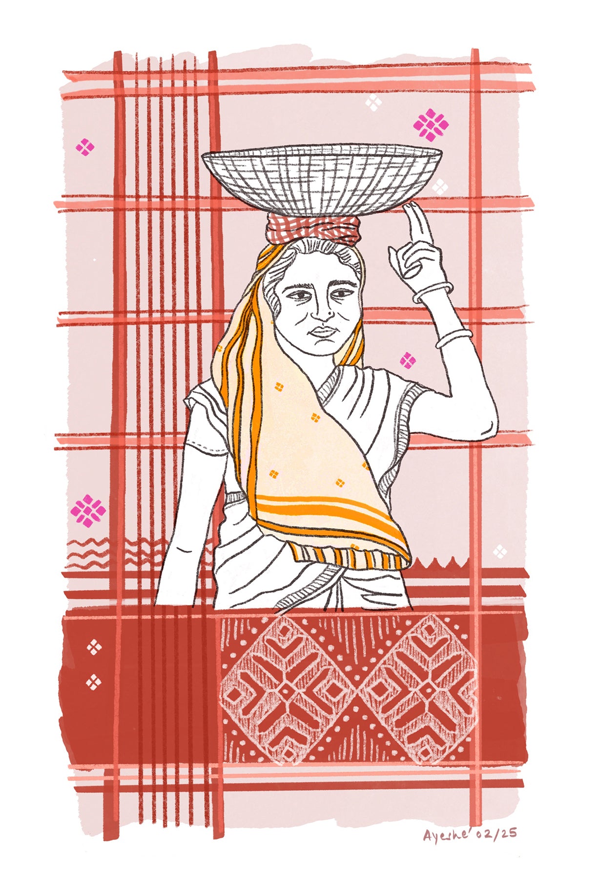 Gamchha in Daily Life – Illustrated Portrait Poster-Rural Elegance