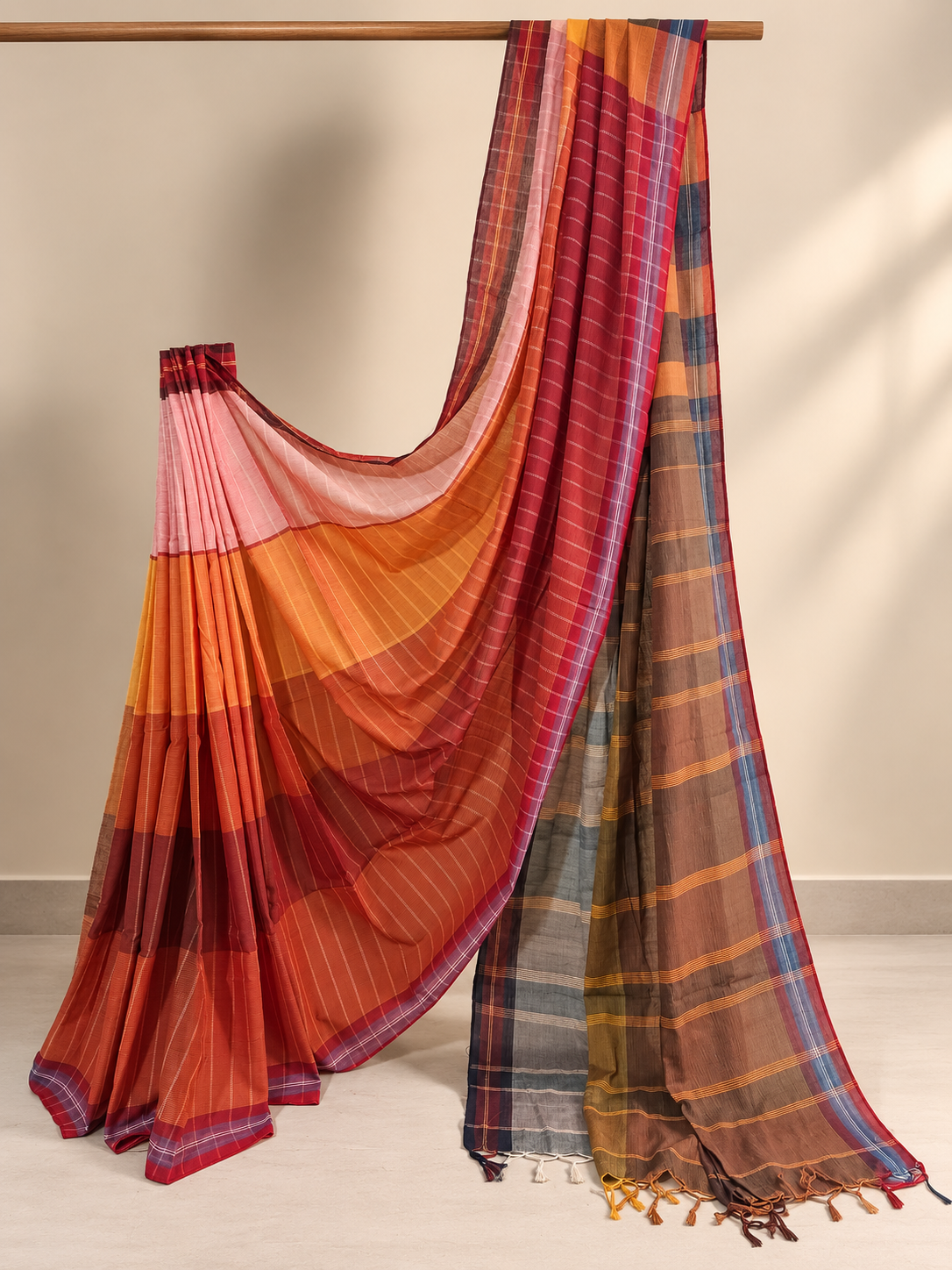 Rust and pink handloom cotton saree with fine stripes, multicoloured checked accents, contrasting blue border and handcrafted tassels displayed in a studio setting.