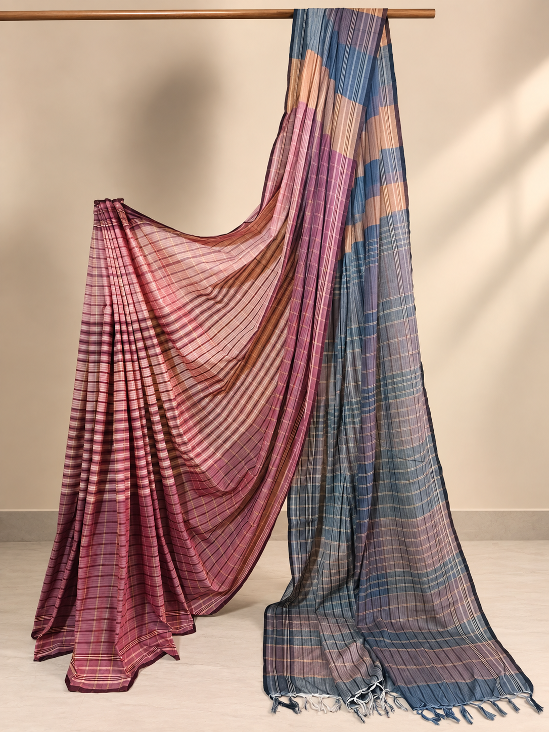 Pink & Blue Checked Handloom Saree