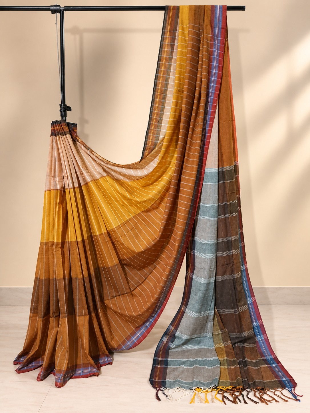 Mustard & Brown Striped Handloom Saree