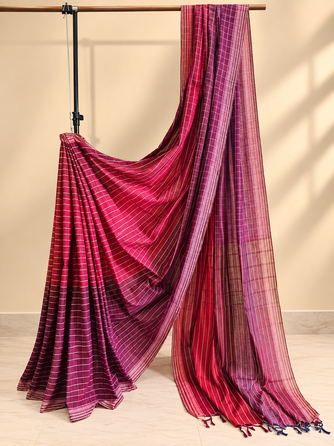 Magenta & Purple Striped Handloom Saree with Fine Checks