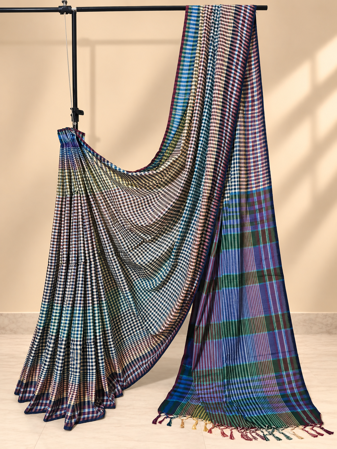Navy Blue & Multicolour Checked Handloom Saree