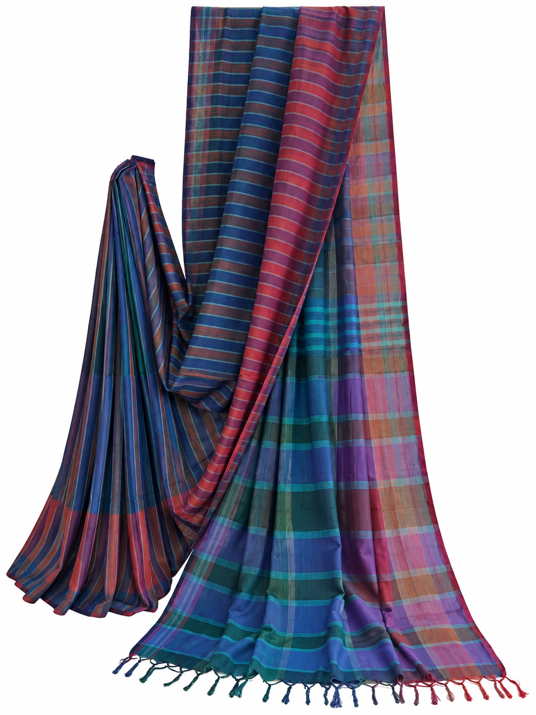 Indigo, rust and multicolour handloom Gamchha cotton saree with striped and checked patterns and handcrafted tassels, displayed against a white background.