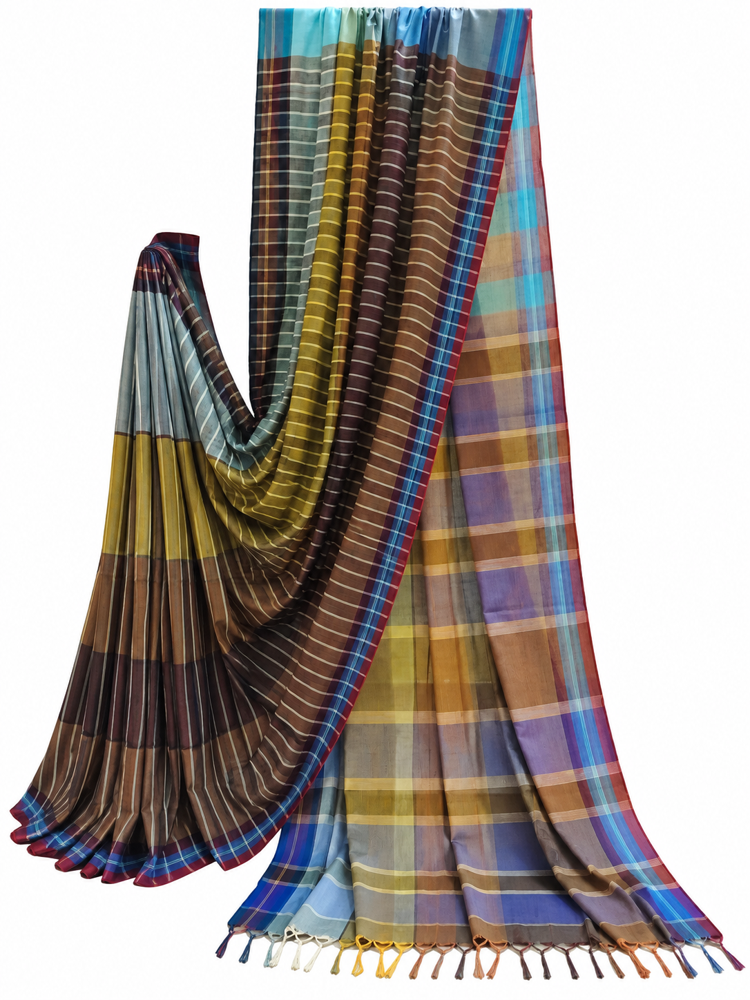 Teal, olive and brown handloom Gamchha cotton saree with fine striped patterns, contrasting checked pallu and multicoloured handcrafted tassels displayed against a white background.