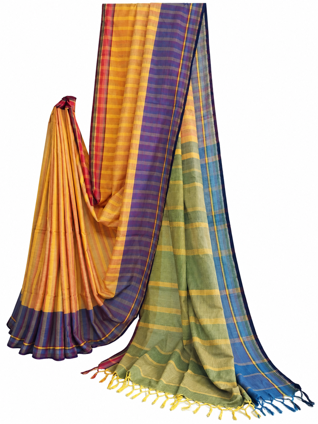A multicolor striped and checkered saree with yellow, purple, green, and blue sections, featuring yellow tassels on one end and a red inner border, displayed against a white background.