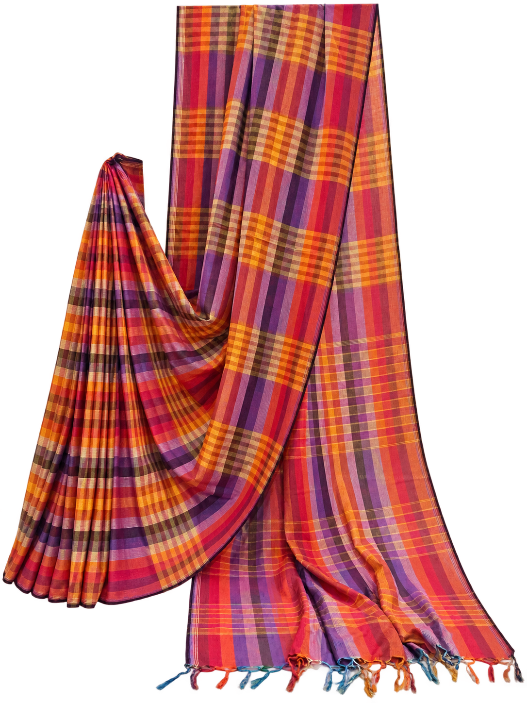 Magenta, purple, red and mustard handloom Gamchha Saree with bold stripes, checks and multicoloured handcrafted tassels, displayed against a clean white background.