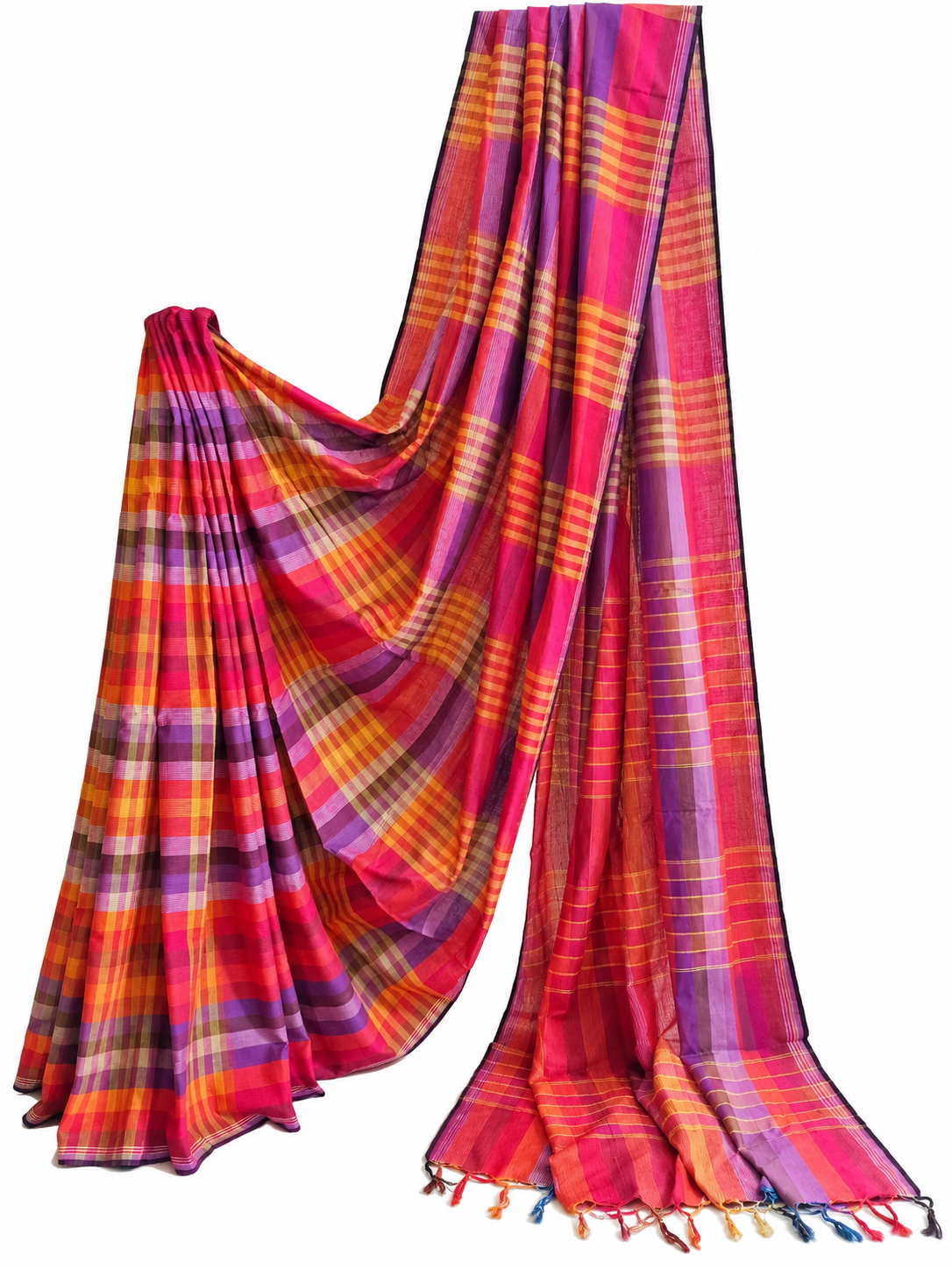 Magenta and purple handloom Gamchha saree with multicoloured checks, stripes and handcrafted tassels displayed against a white background.