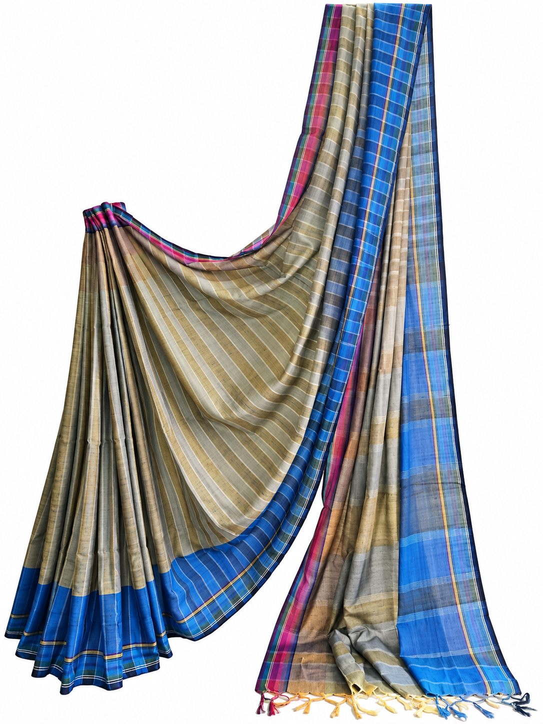 Olive and blue handloom Gamchha saree with fine stripes, checked borders, multicoloured pallu and handcrafted tassels displayed against a white background.