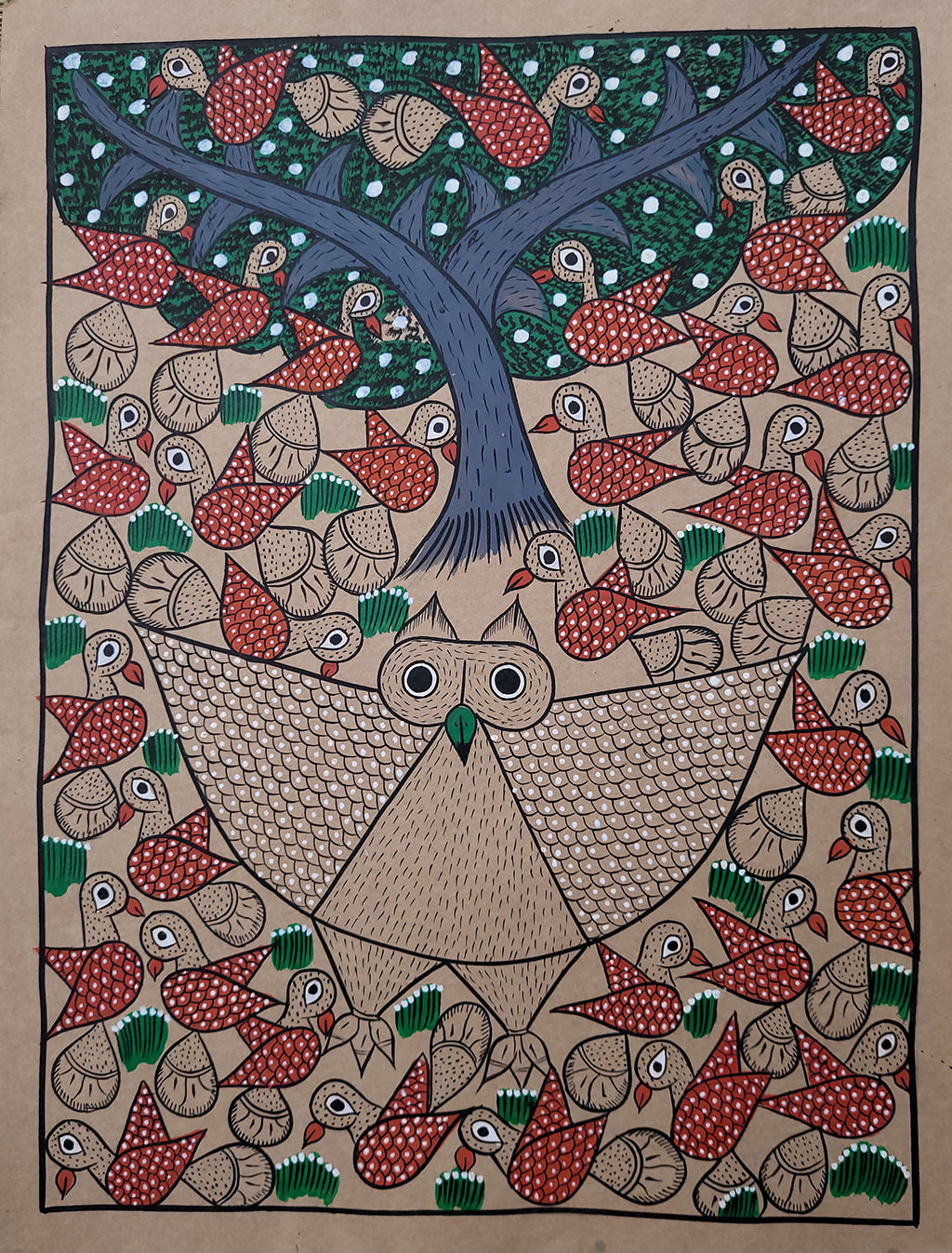 KalighatPainting _Owl & birds_by BapiChitrakar