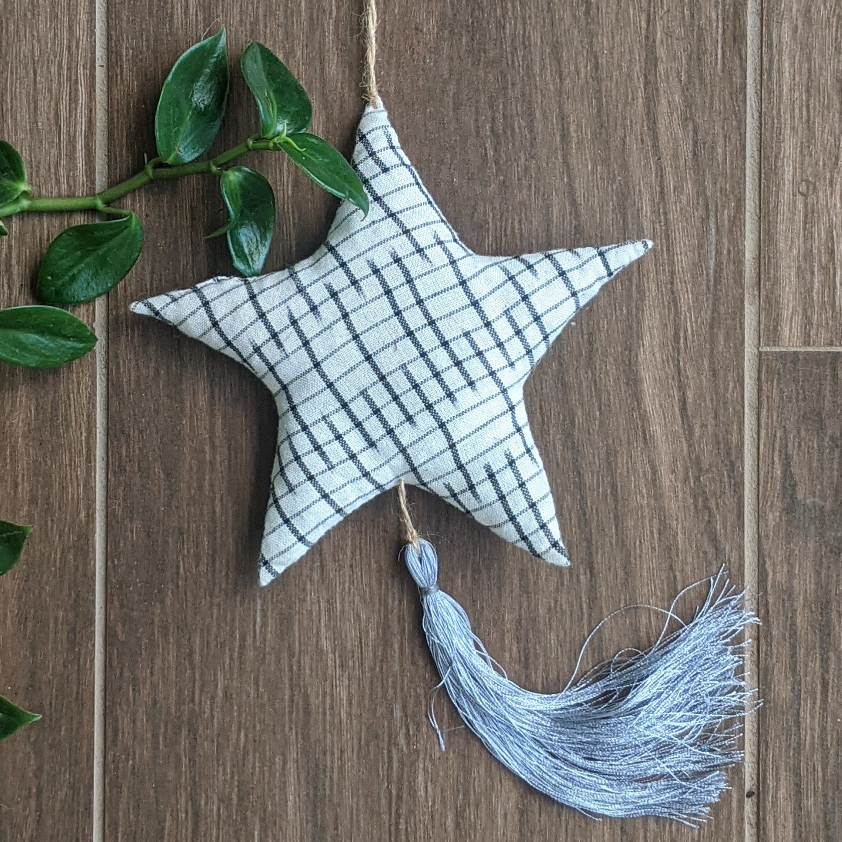 3 Stuffed Fabric Stars in 3 Colors hang together, filled only with organic materials