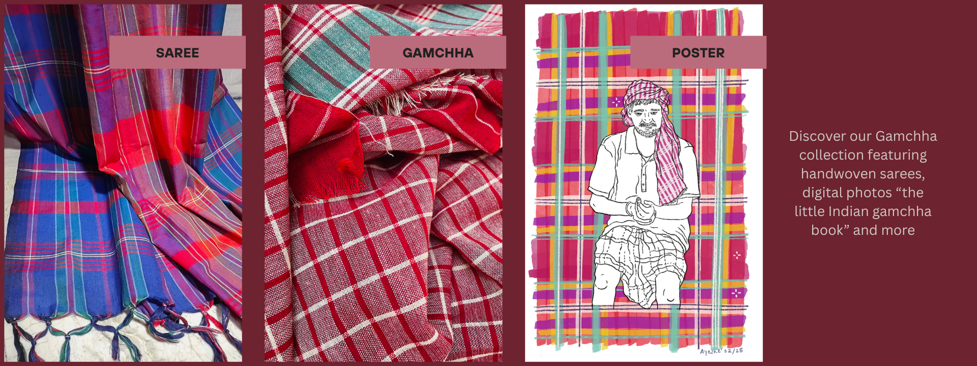Photo showing three items: a bright handwoven saree, a red checked gamchha, and an illustrated poster of a person sitting against colorful stripes.