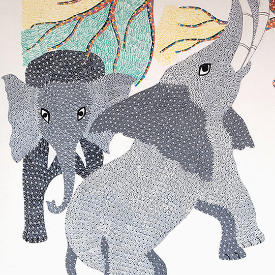 Gond folk art _"Elephant & Tree" by Shambhavsingh Shyam
