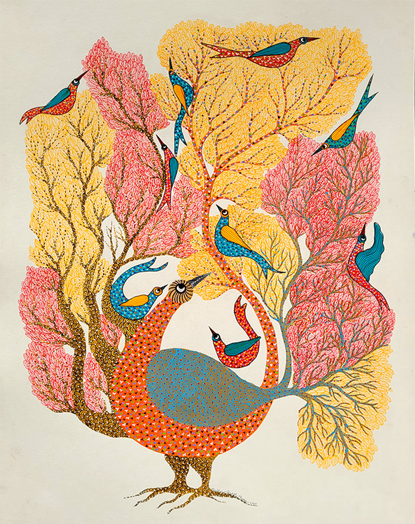 Gond folk art _"Peocock & Birds" by Shambhavsingh Shyam