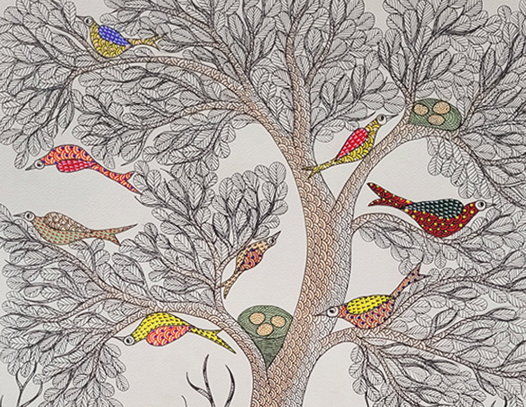 Gond folk art _"Tree, Deer & Birds" by Shambhavsingh Shyam