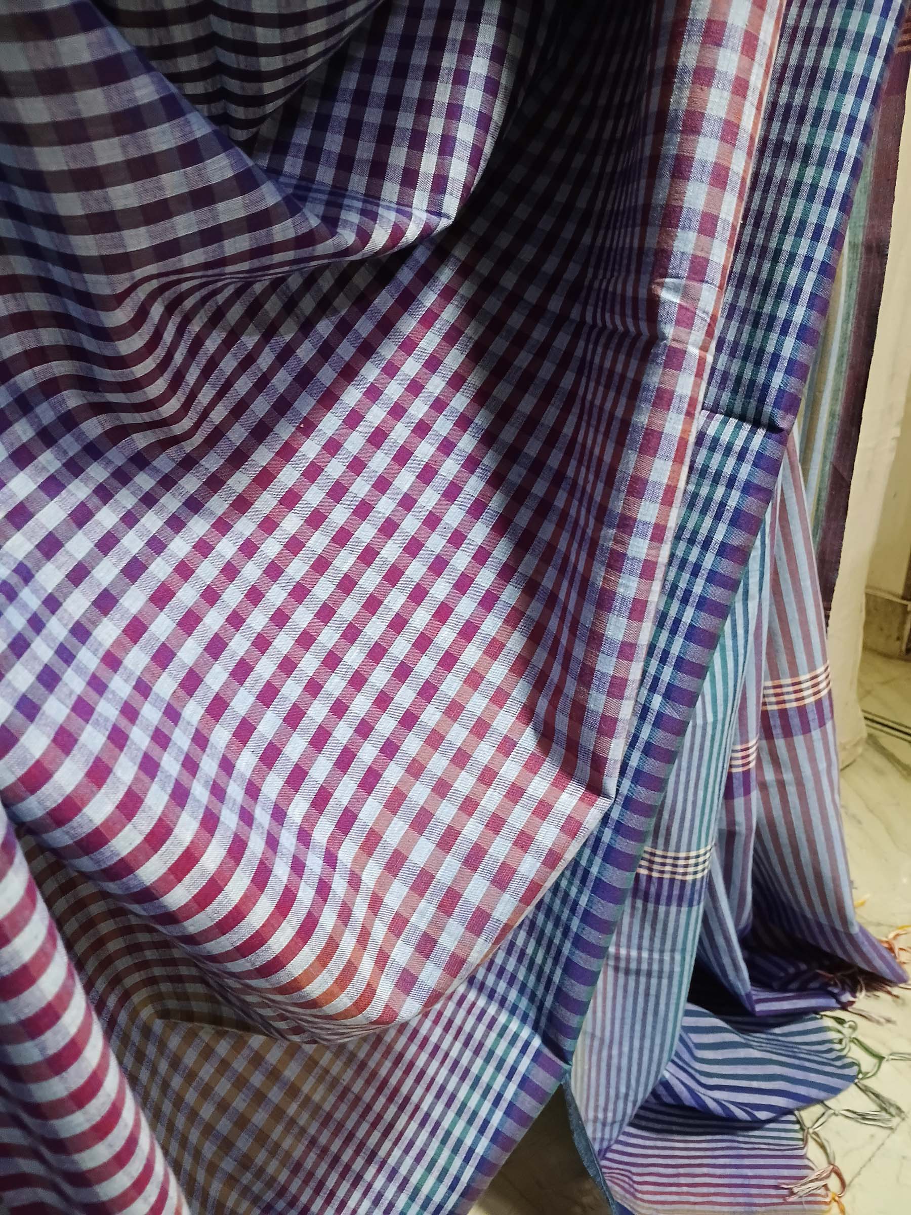 Contemporary Gamchha Cotton Saree – Red Teal Check Edit