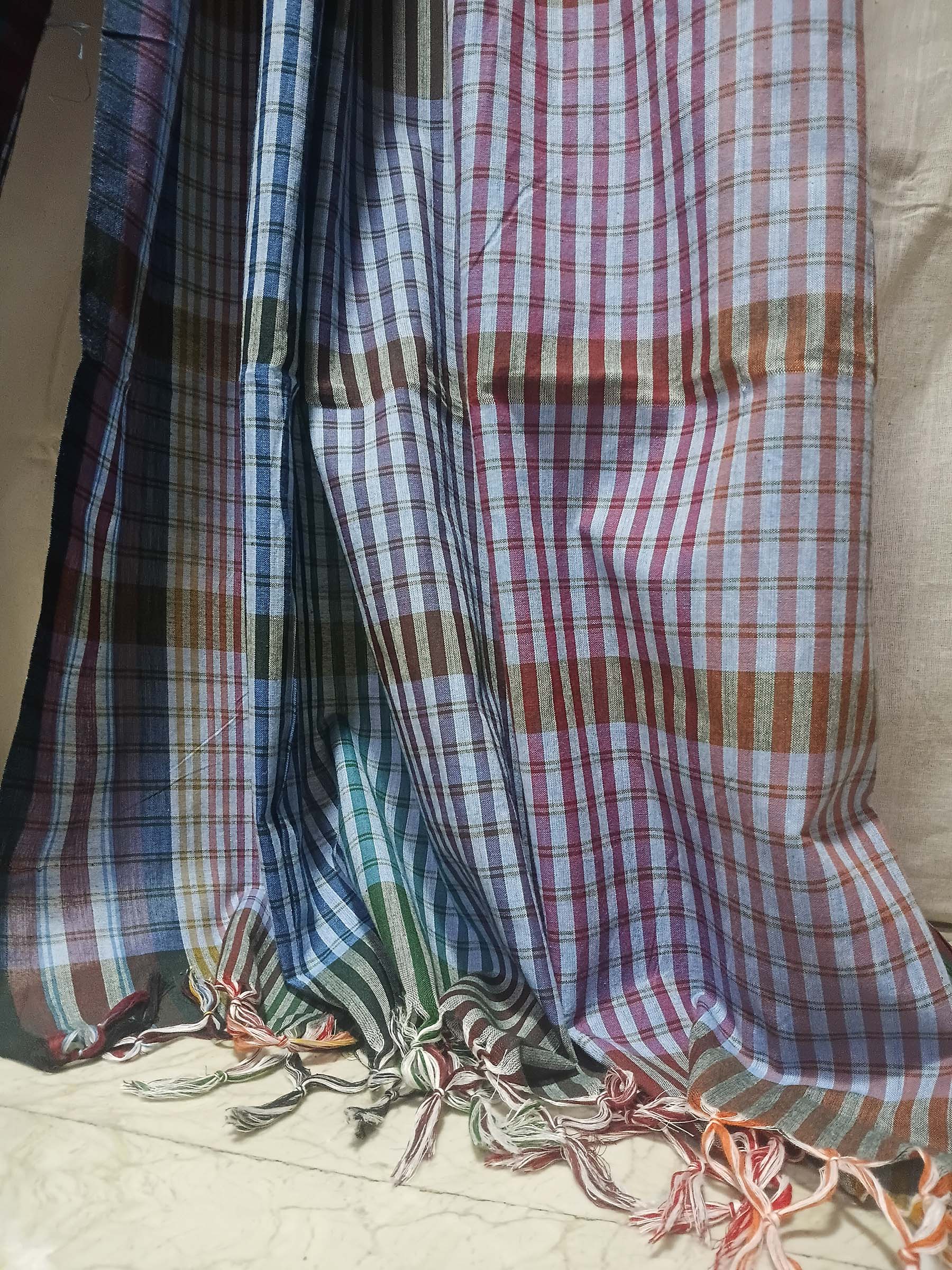 Contemporary Gamchha Cotton Saree – Mustard Teal Check