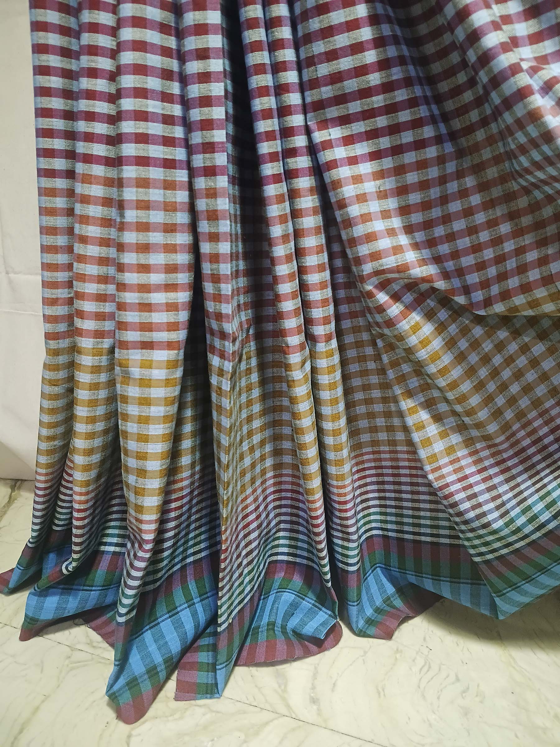 Contemporary Gamchha Cotton Saree – Mustard Teal Check