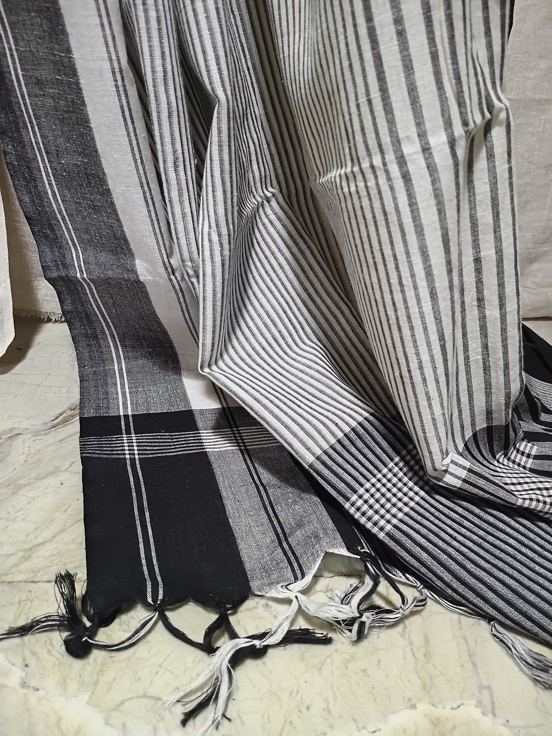 Contemporary Gamchha Cotton Saree – Monochrome Stripe