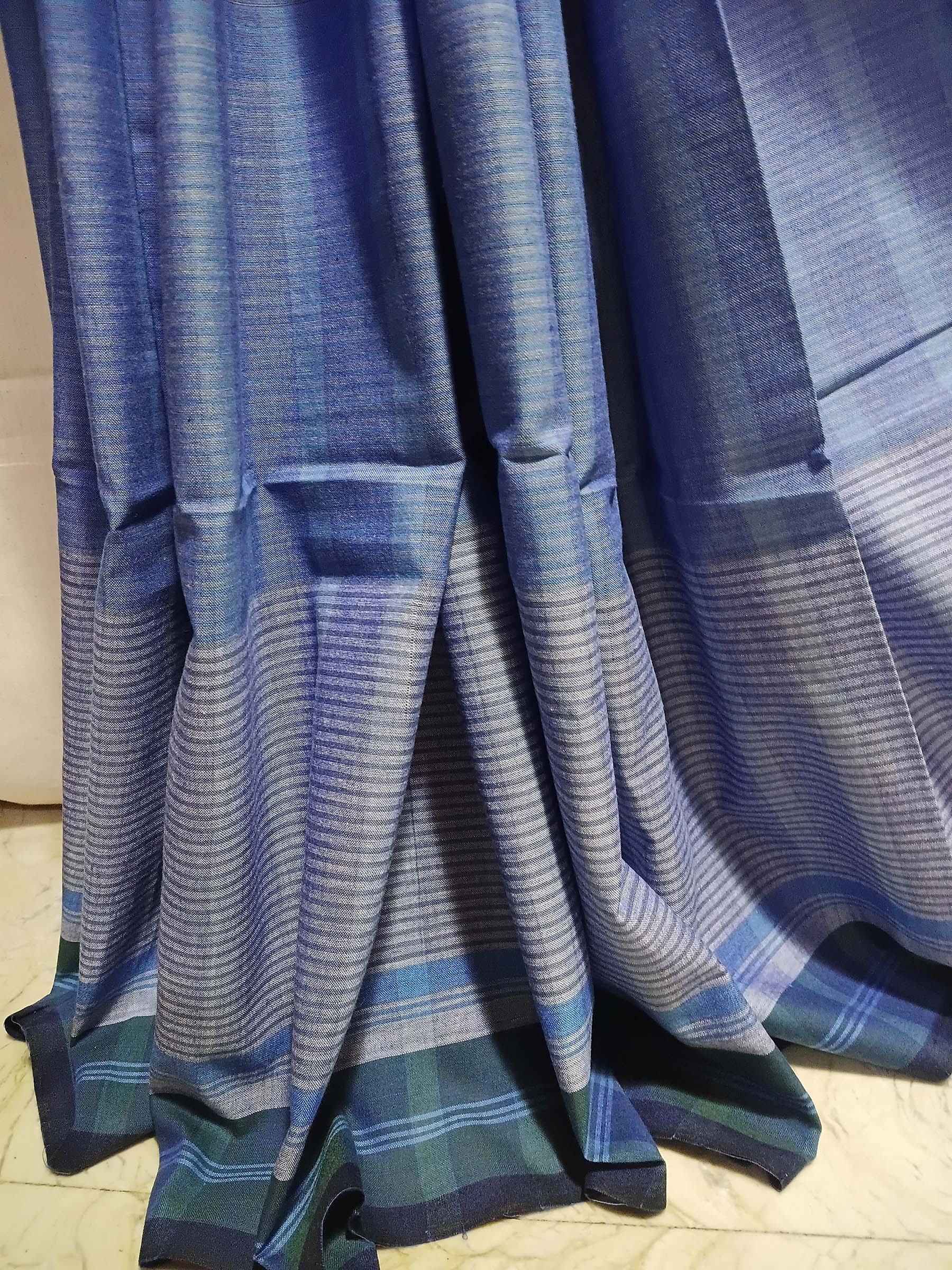 Contemporary Gamchha Cotton Saree – Soft Blue Teal Stripe