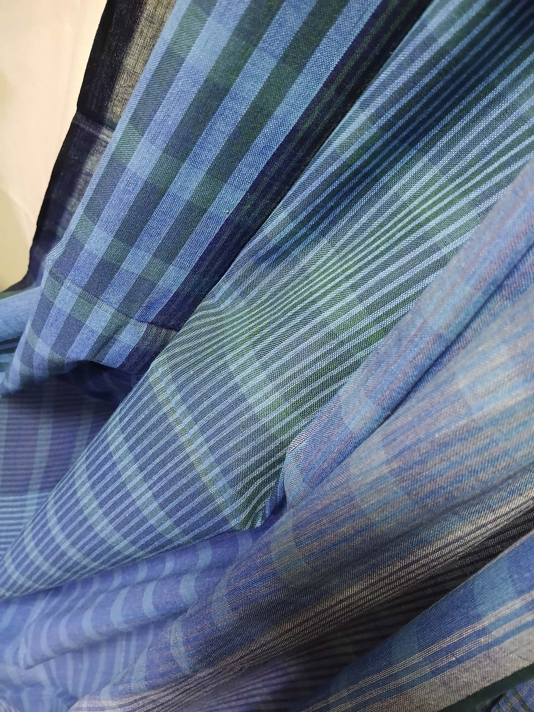 Contemporary Gamchha Cotton Saree – Soft Blue Teal Stripe