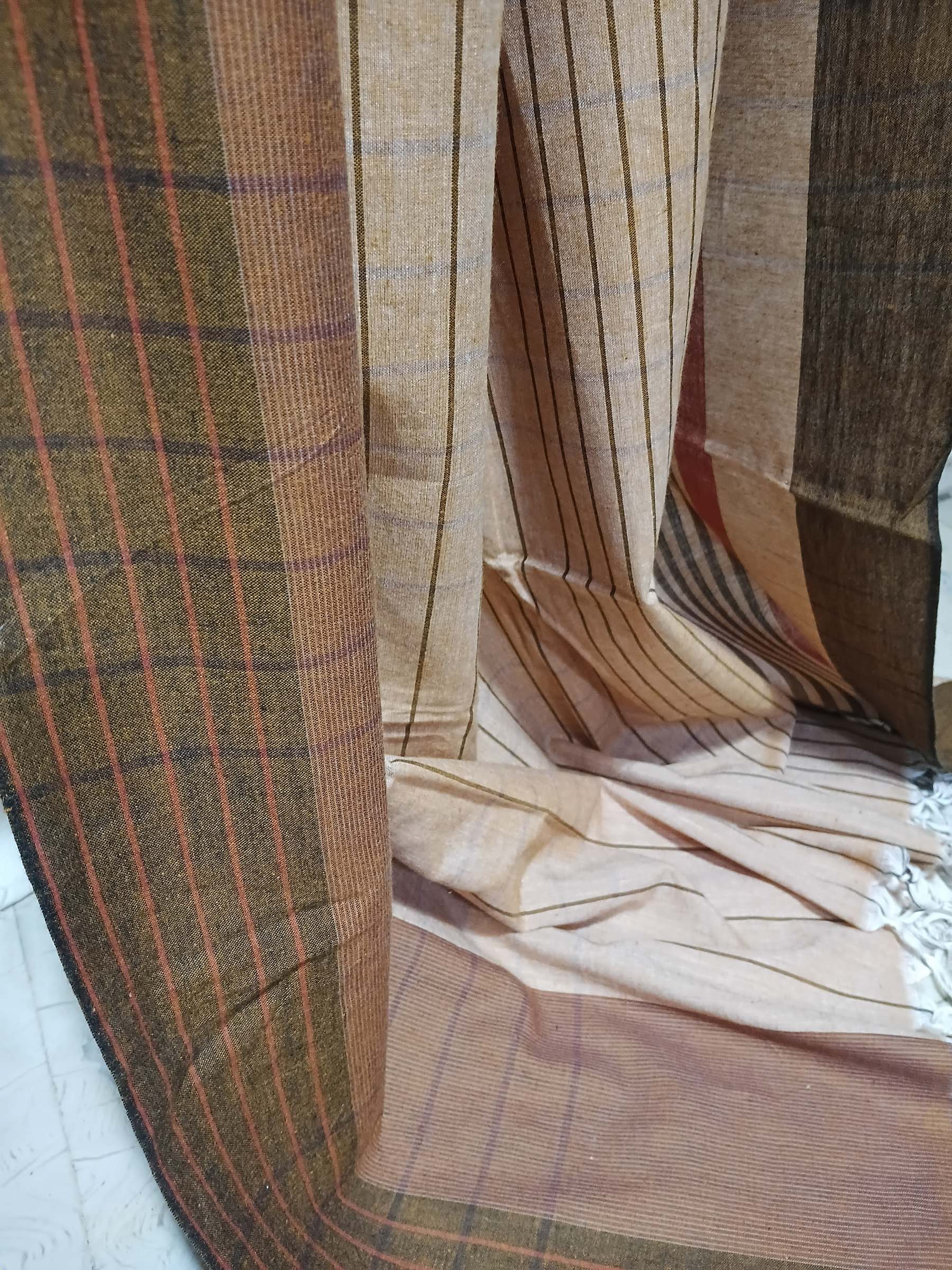 Contemporary Gamchha Cotton Saree – Beige Brown Stripe