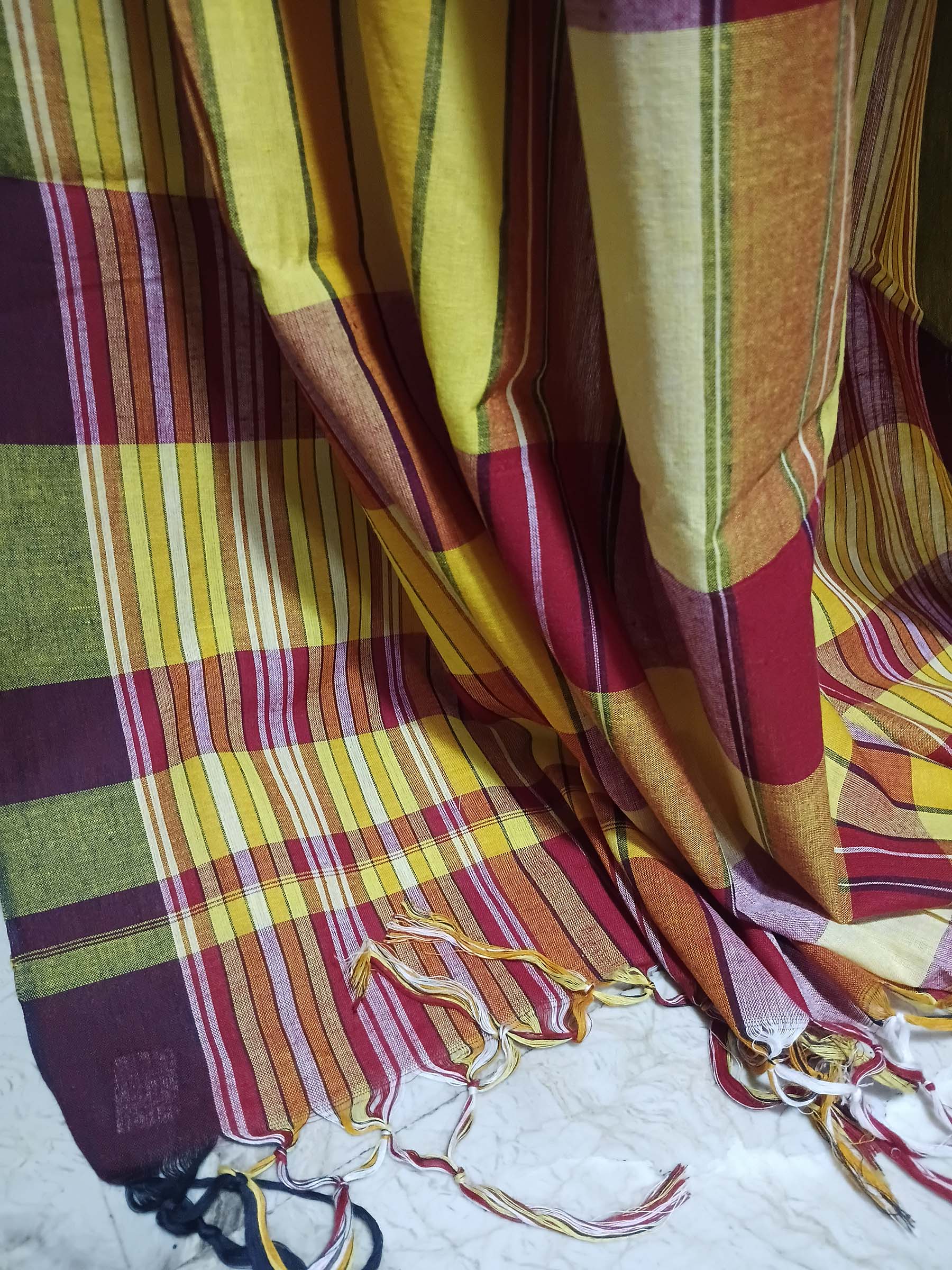 Contemporary Gamchha Cotton Saree – Mustard Red Multistripe