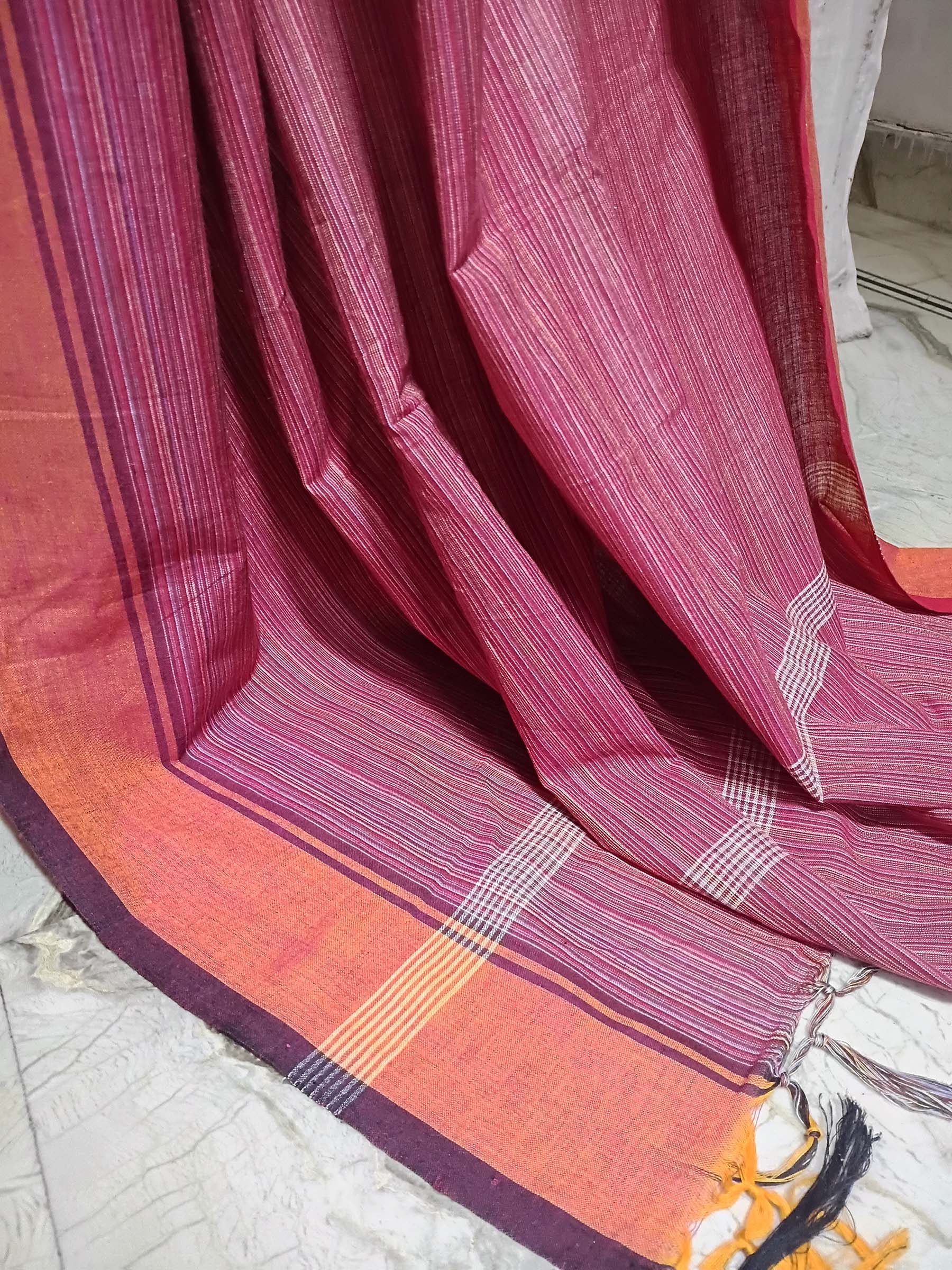 Contemporary Gamchha Cotton Saree – Beige Rose Contrast