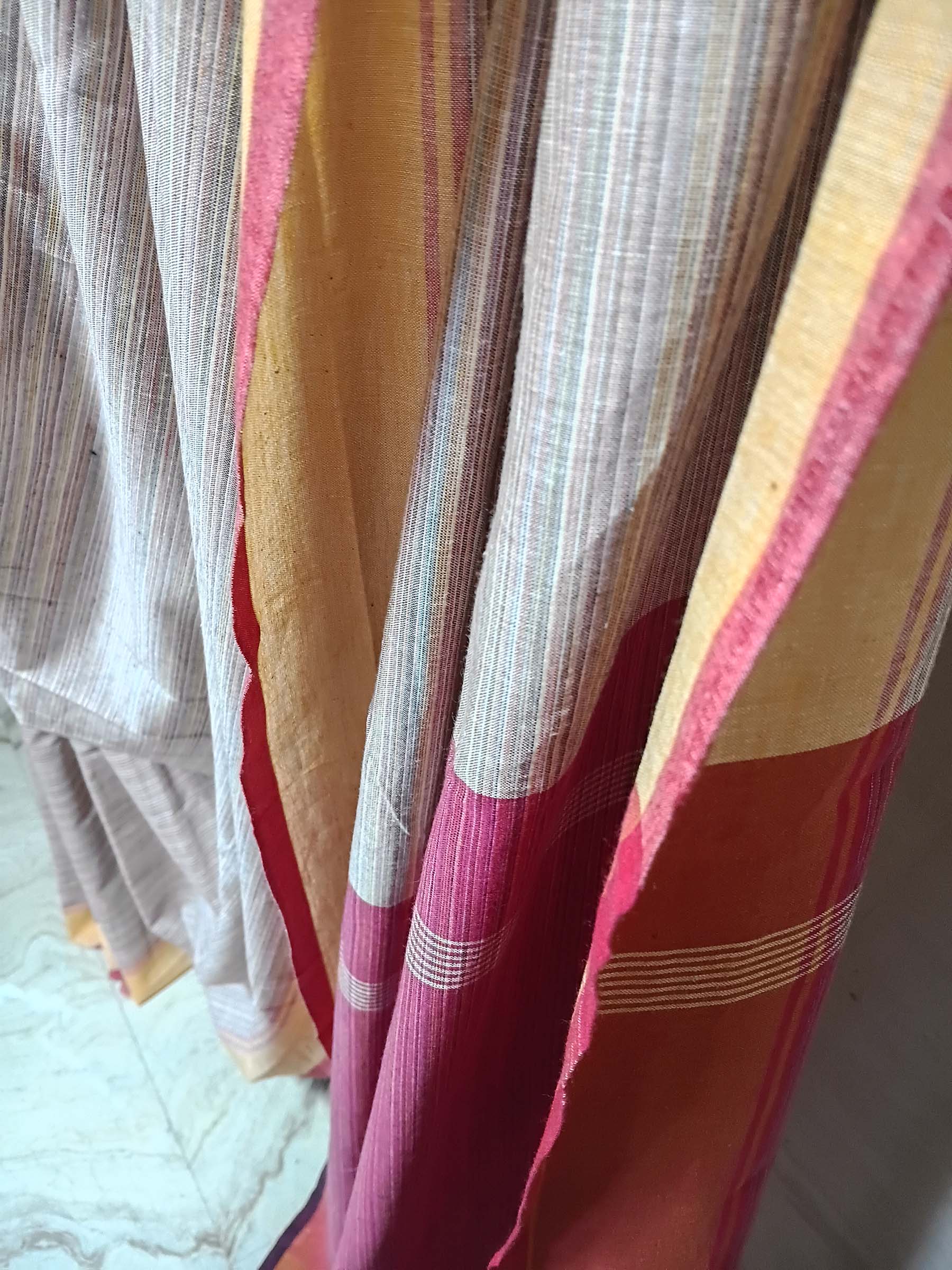 Contemporary Gamchha Cotton Saree – Beige Rose Contrast