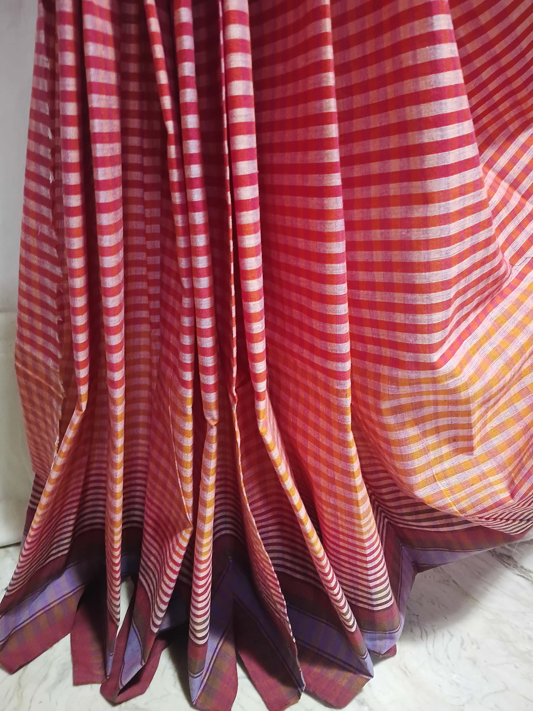 Contemporary Gamchha Cotton Saree – Red Coral Stripe