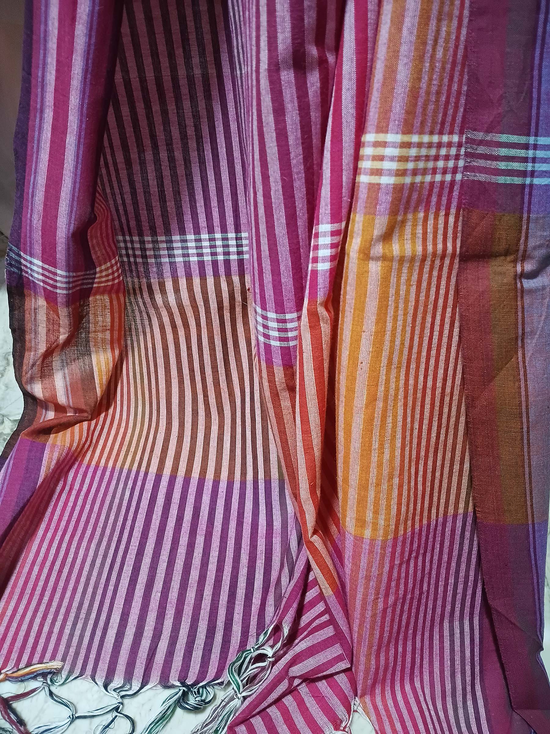 Contemporary Gamchha Cotton Saree – Red Coral Stripe