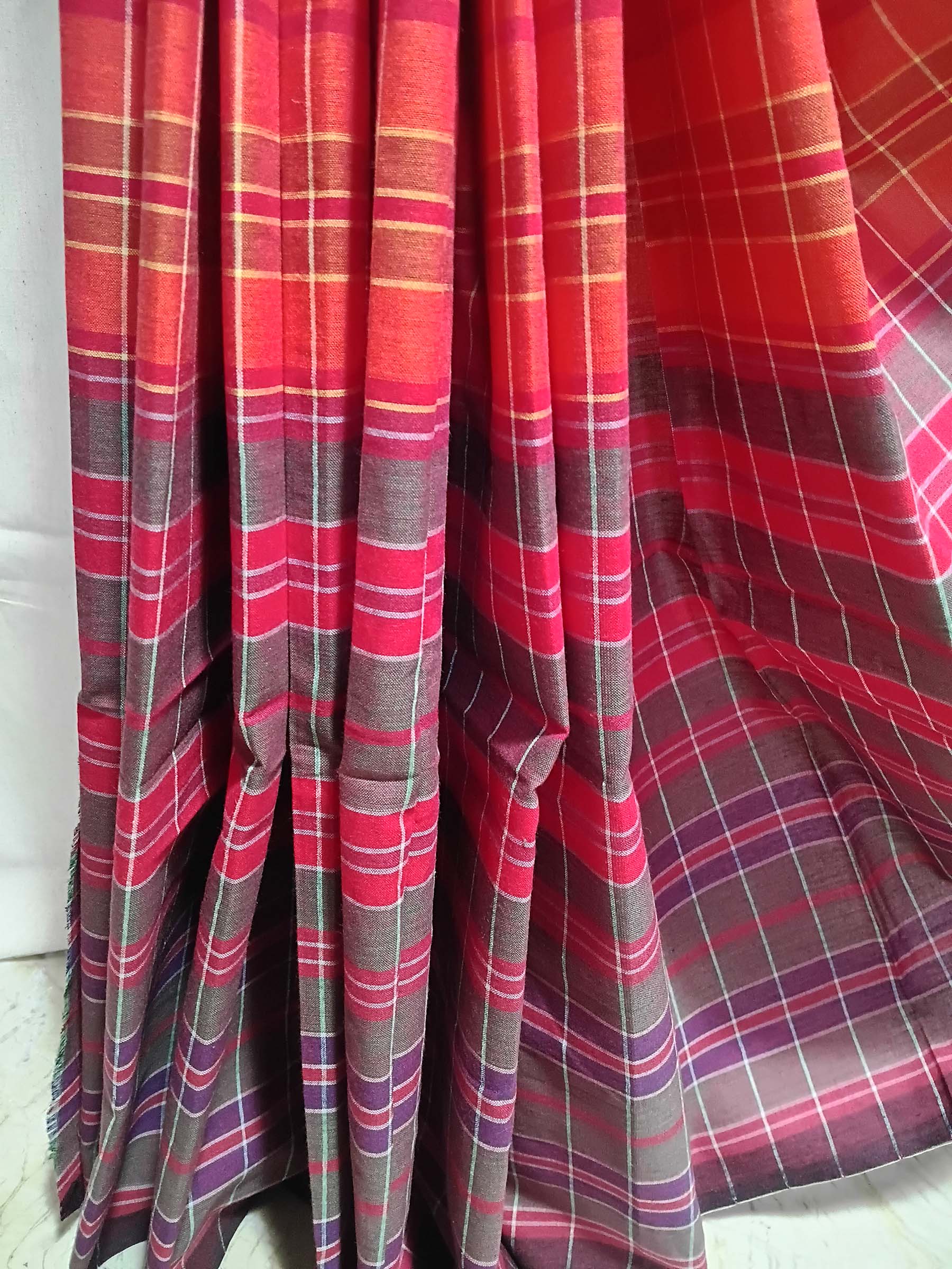 Contemporary Gamchha Cotton Saree – Crimson Plum Check