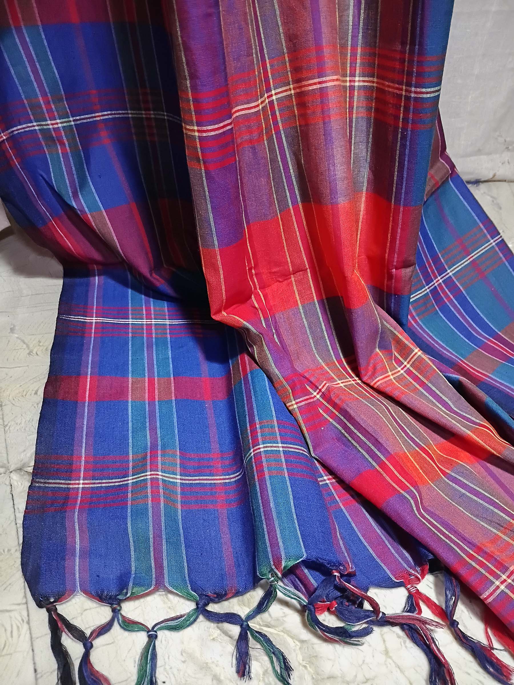 Contemporary Gamchha Cotton Saree – Crimson Plum Check