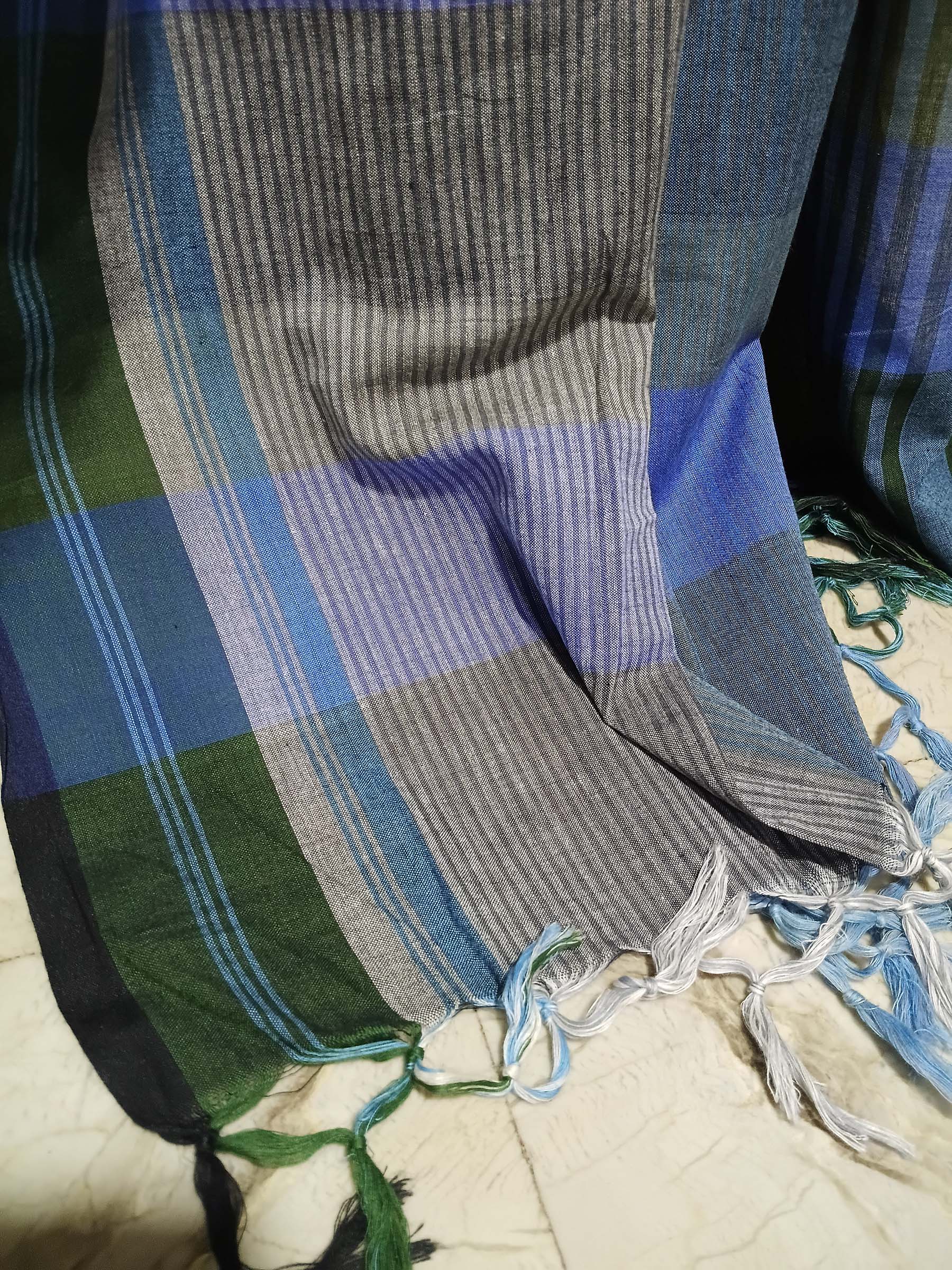 Contemporary Gamchha Cotton Saree – Blue Green Stripe