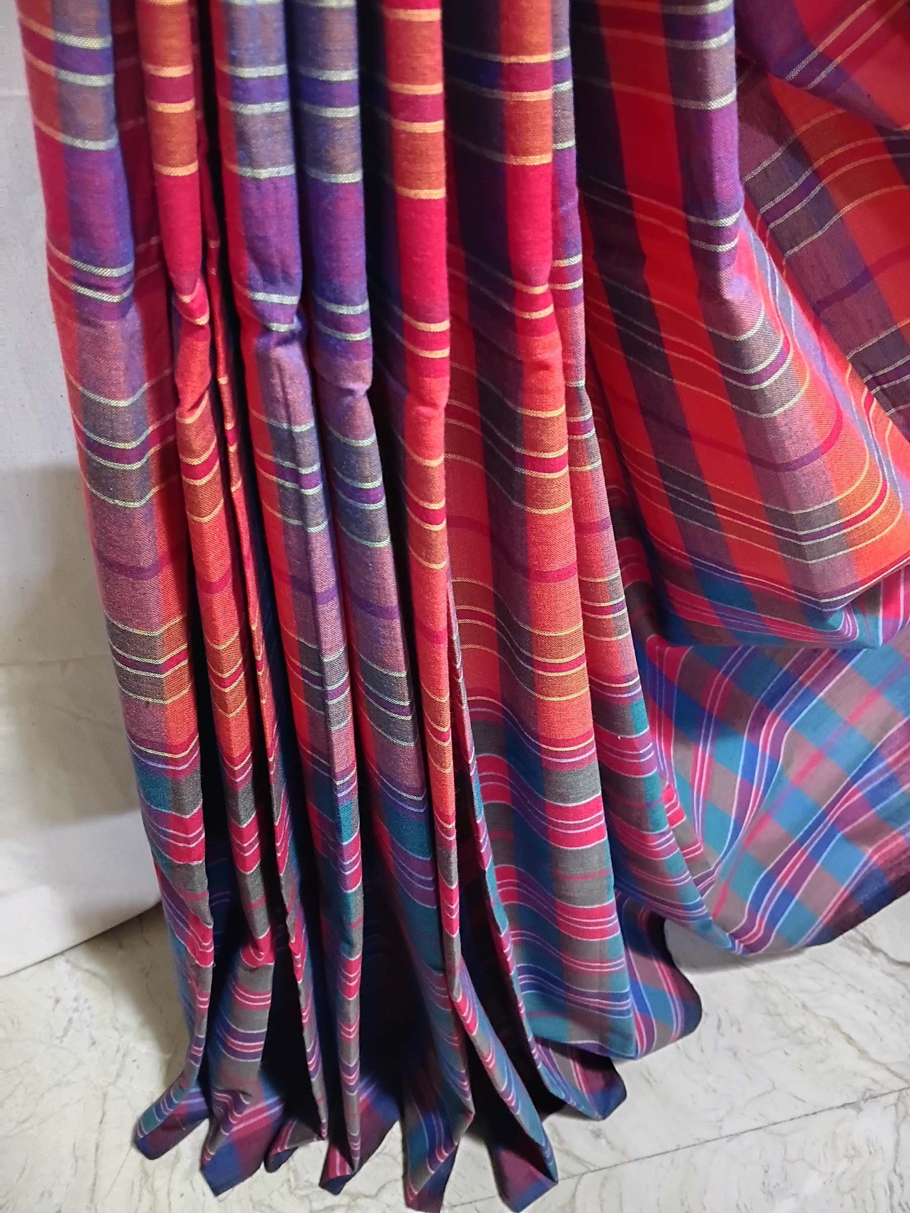 Contemporary Gamchha Cotton Saree – Royal Red Blue Check