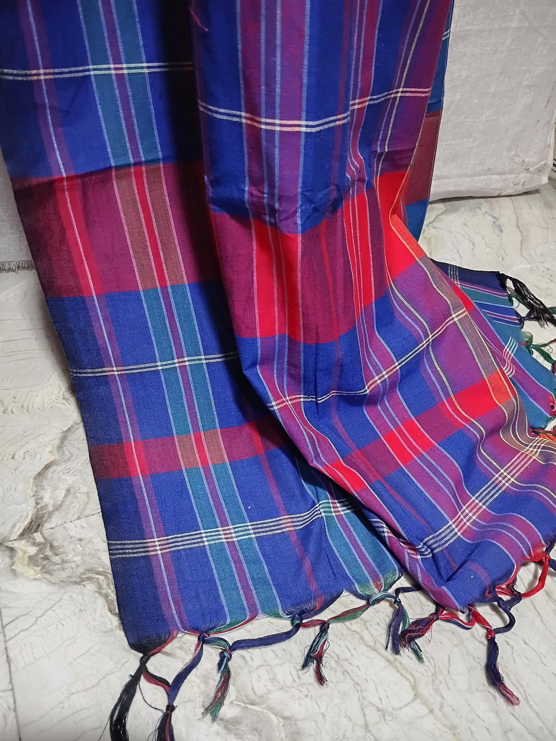 Contemporary Gamchha Cotton Saree – Royal Red Blue Check