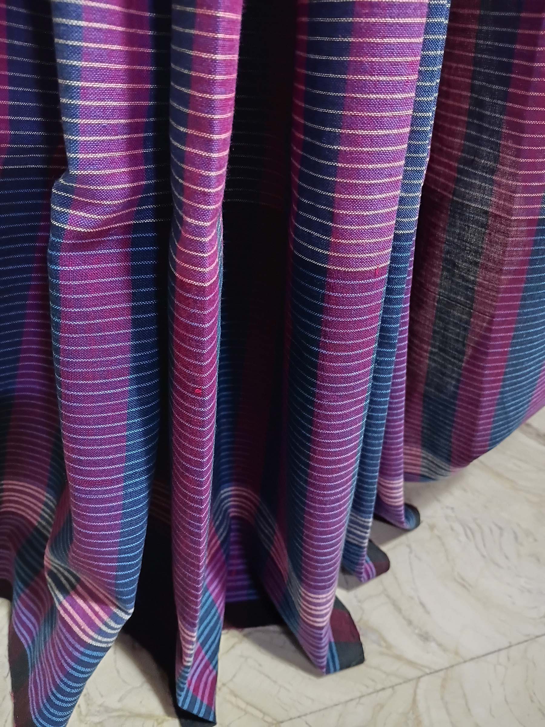 Contemporary Gamchha Cotton Saree – Teal Magenta Stripe
