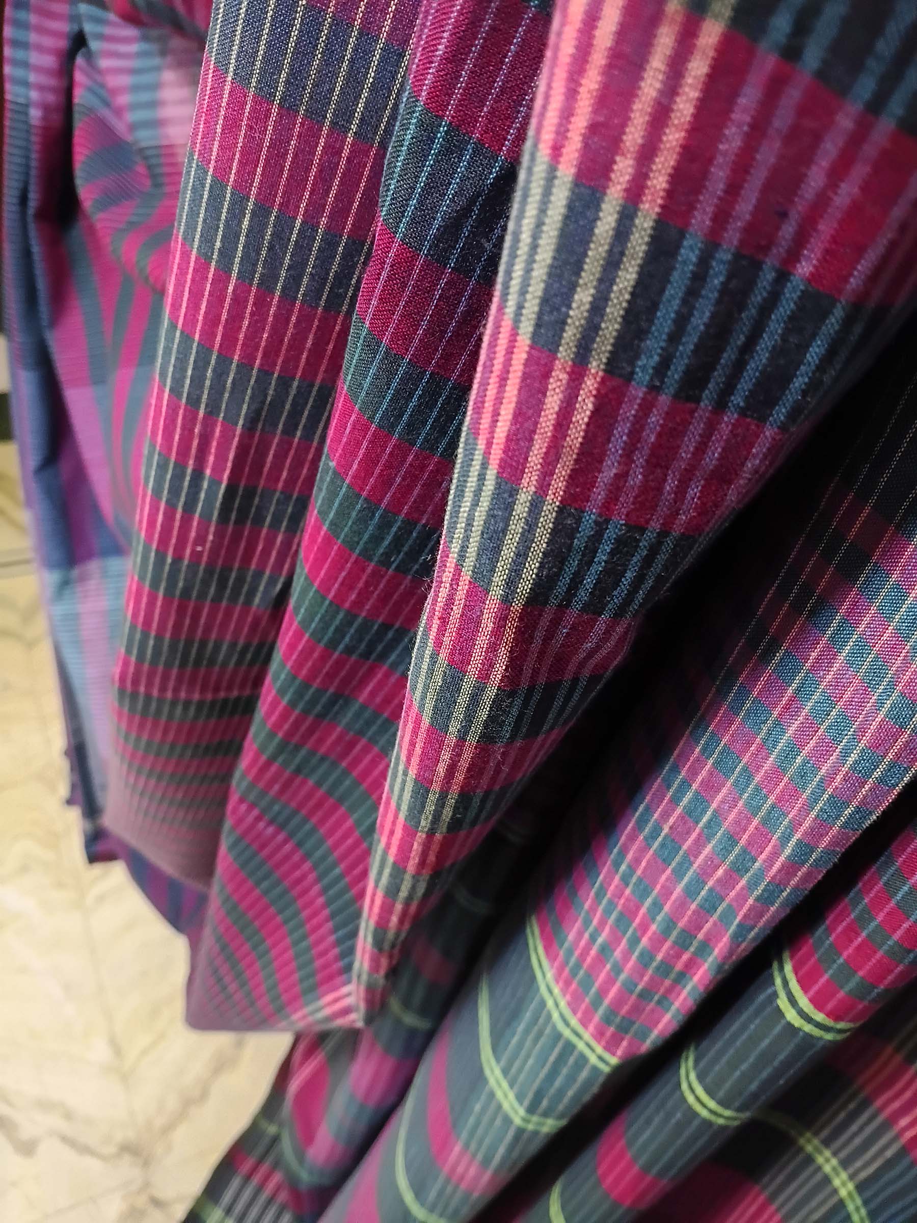 Contemporary Gamchha Cotton Saree – Teal Magenta Stripe