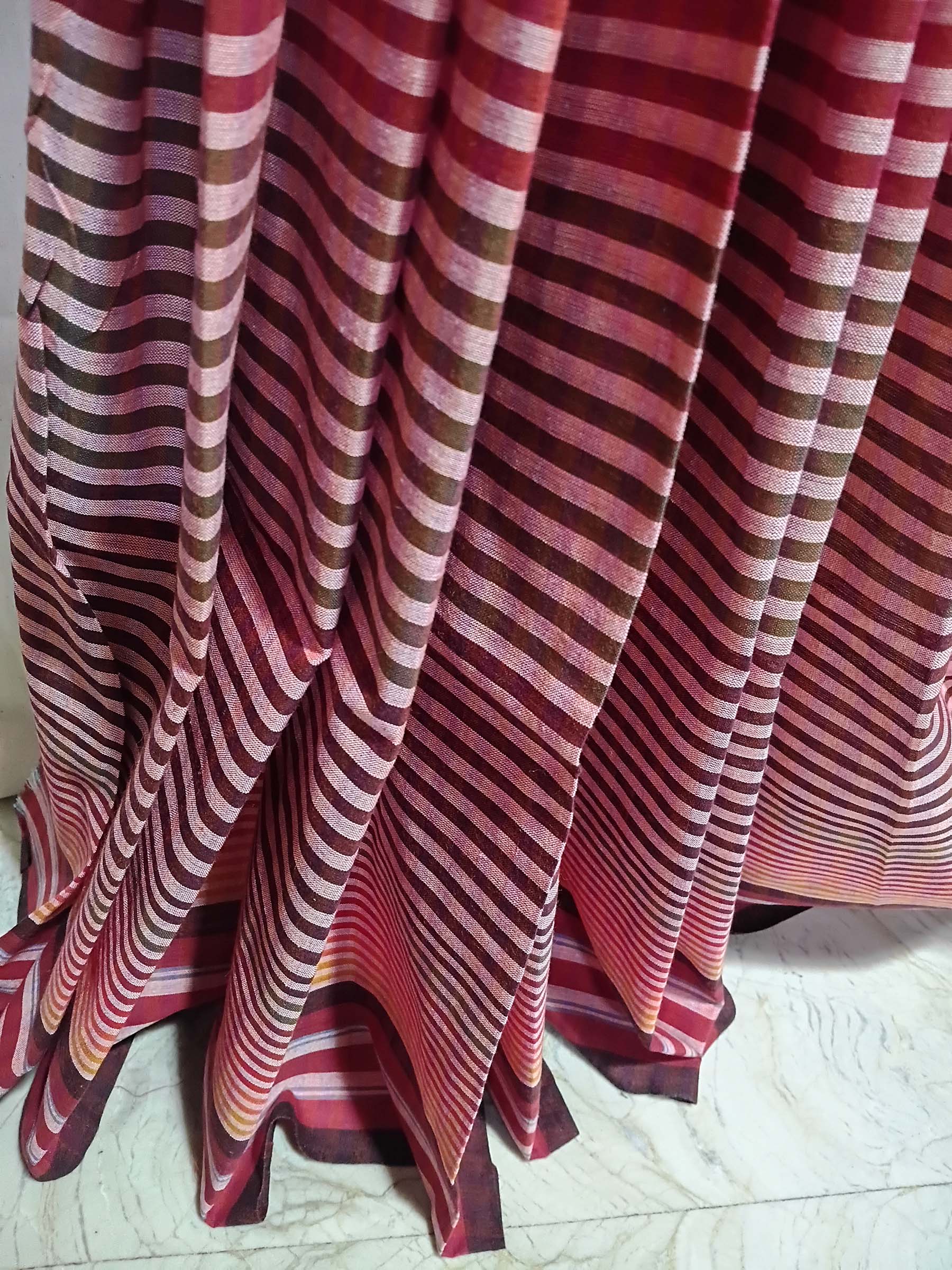 Contemporary Gamchha Cotton Saree – Coral Red Stripe