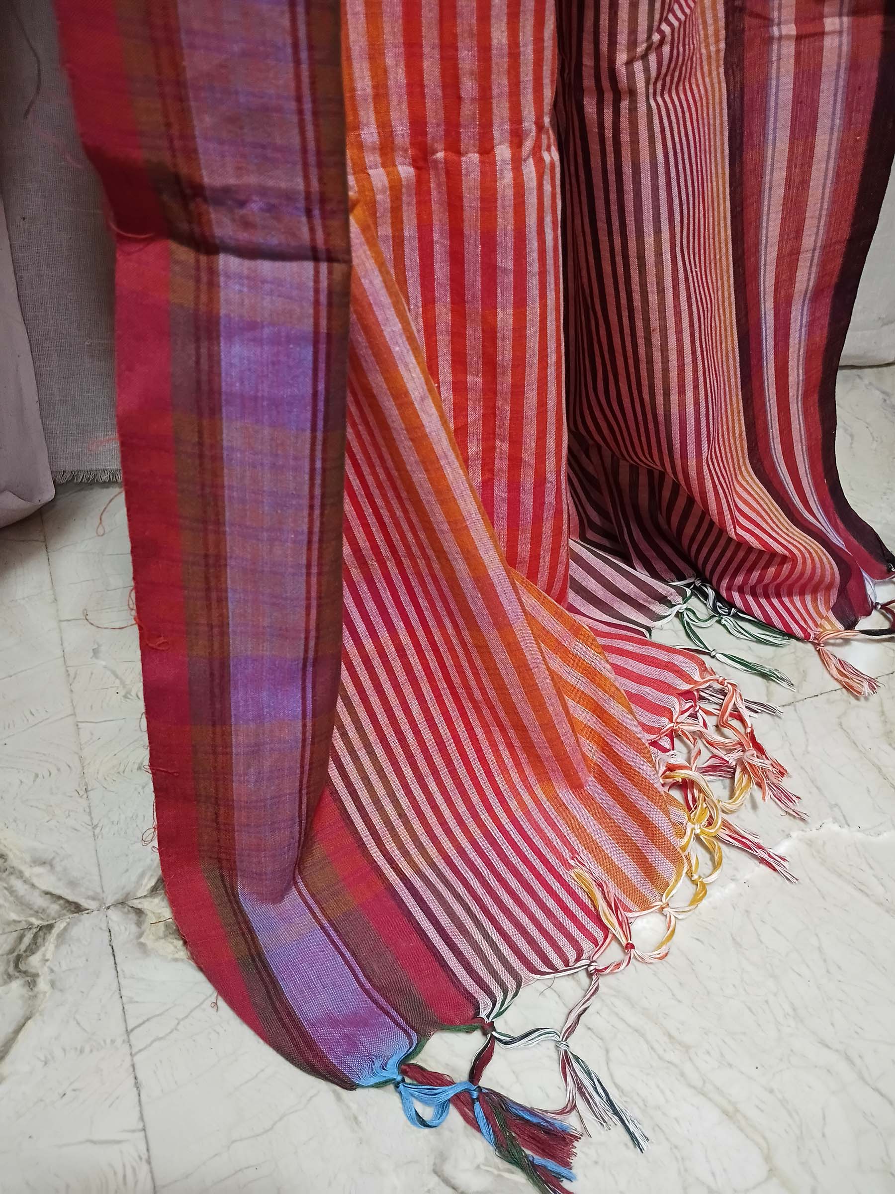 Contemporary Gamchha Cotton Saree – Coral Red Stripe