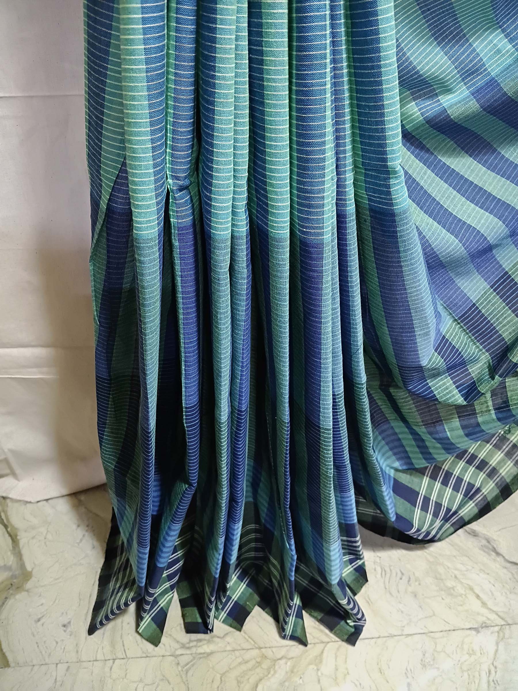 Contemporary Gamchha Cotton Saree – Teal Green Check