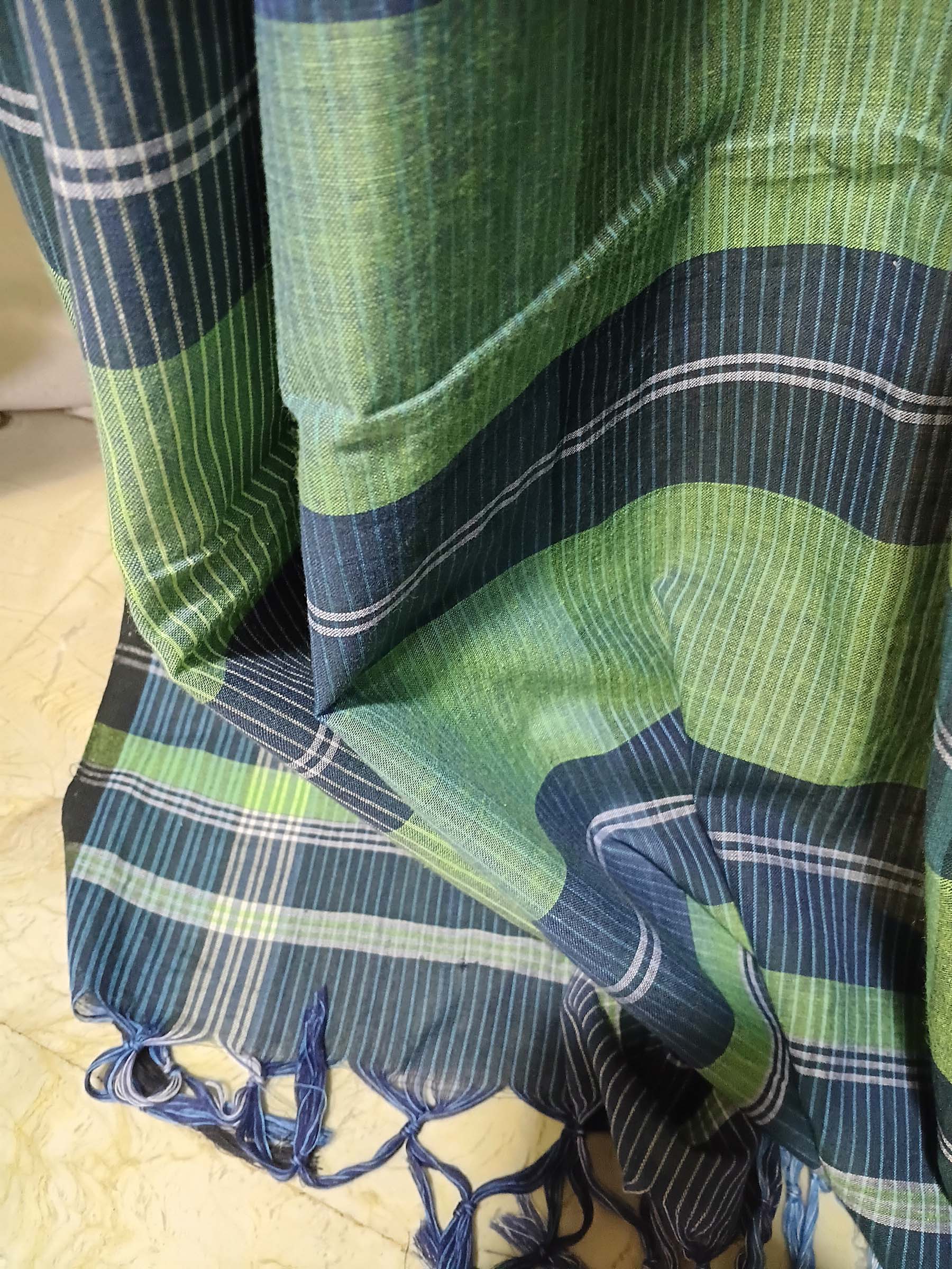 Contemporary Gamchha Cotton Saree – Teal Green Check