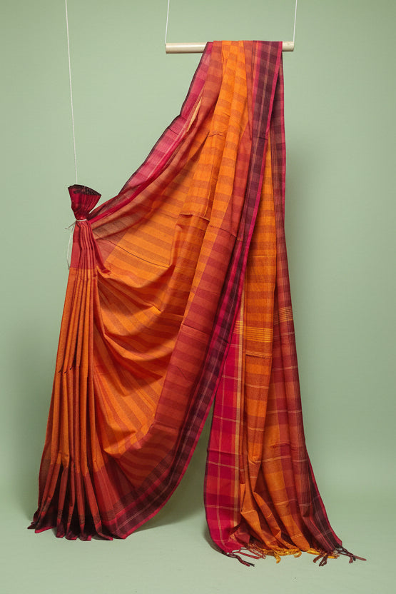 Contemporary Gamchha Cotton Saree – Burnt Orange Red