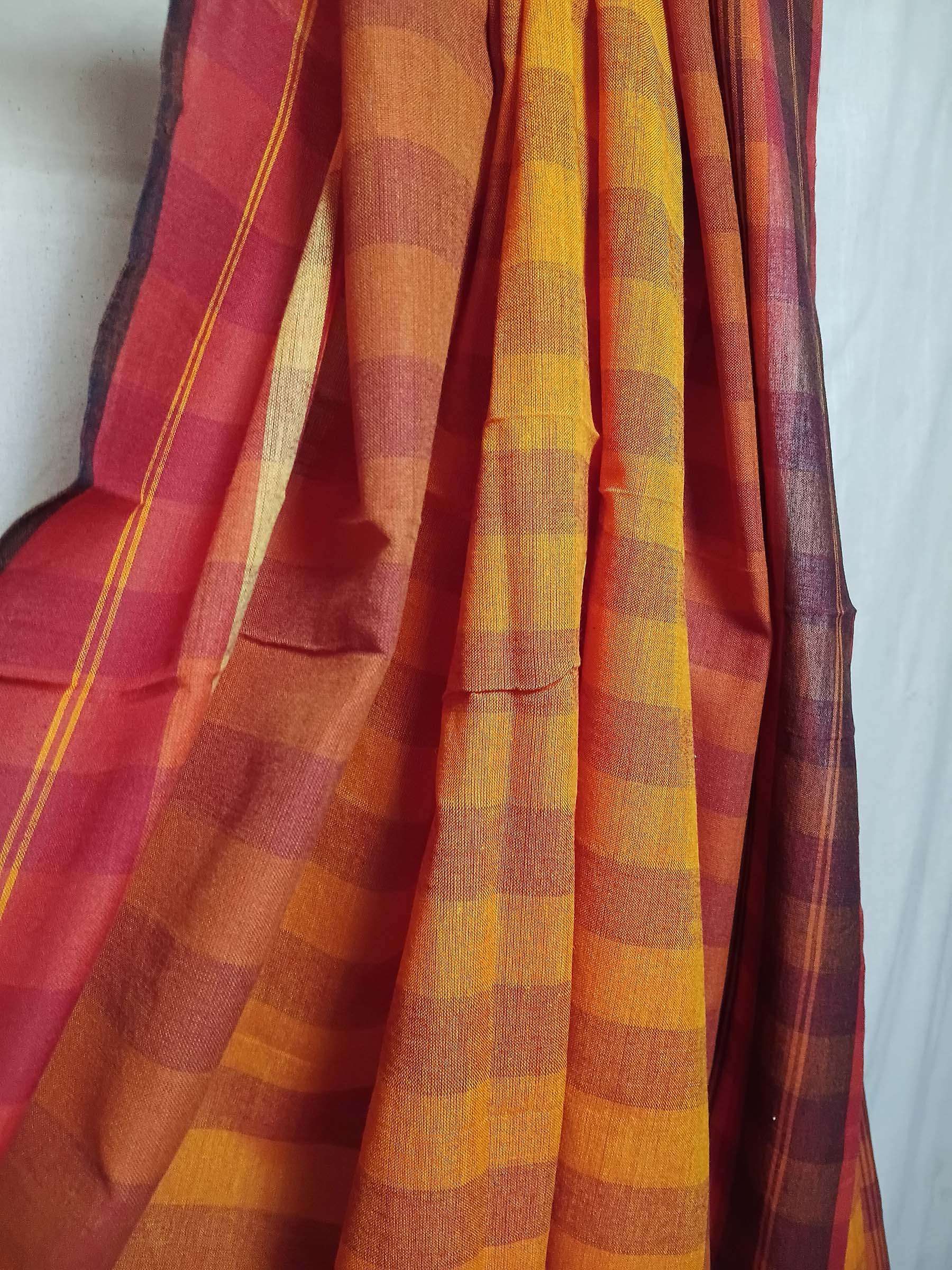 Contemporary Gamchha Cotton Saree – Burnt Orange Red