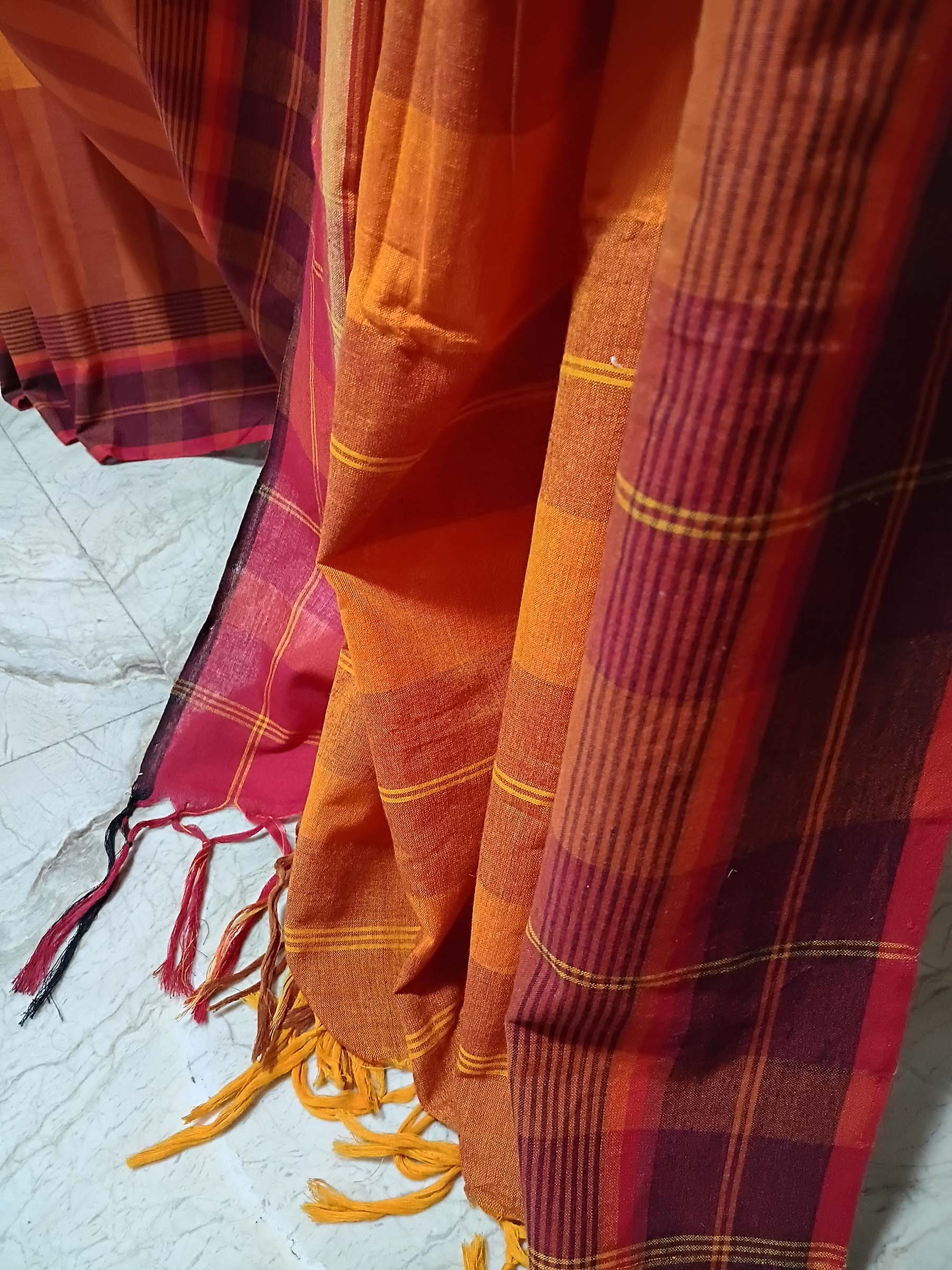 Contemporary Gamchha Cotton Saree – Burnt Orange Red