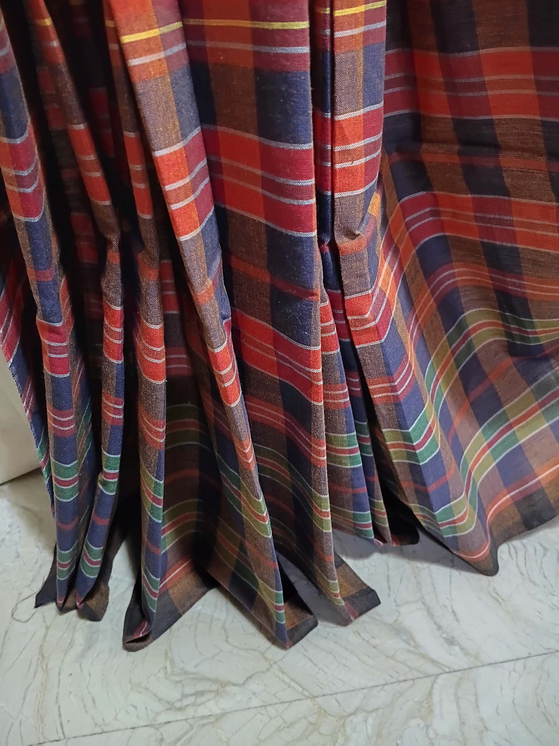 Contemporary Gamchha Cotton Saree – Olive Rust Check