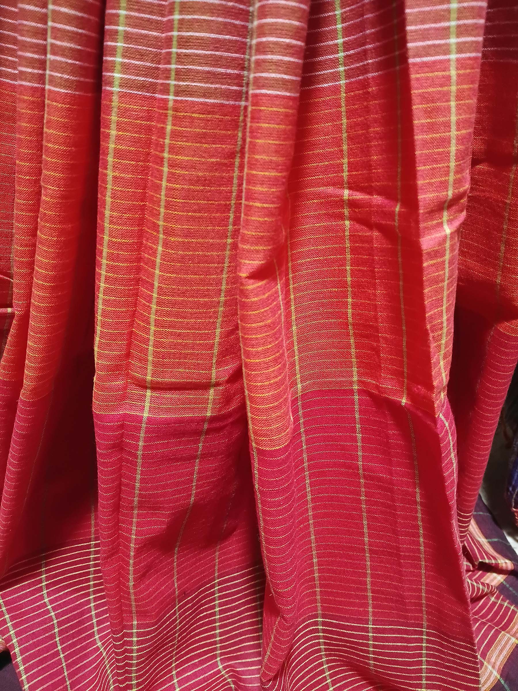 Contemporary Gamchha Cotton Saree – Crimson Red with Indigo Checks