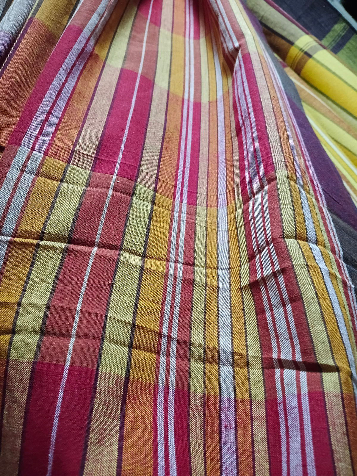Contemporary Gamchha Cotton Saree – Mustard Yellow & Multicolor Stripes