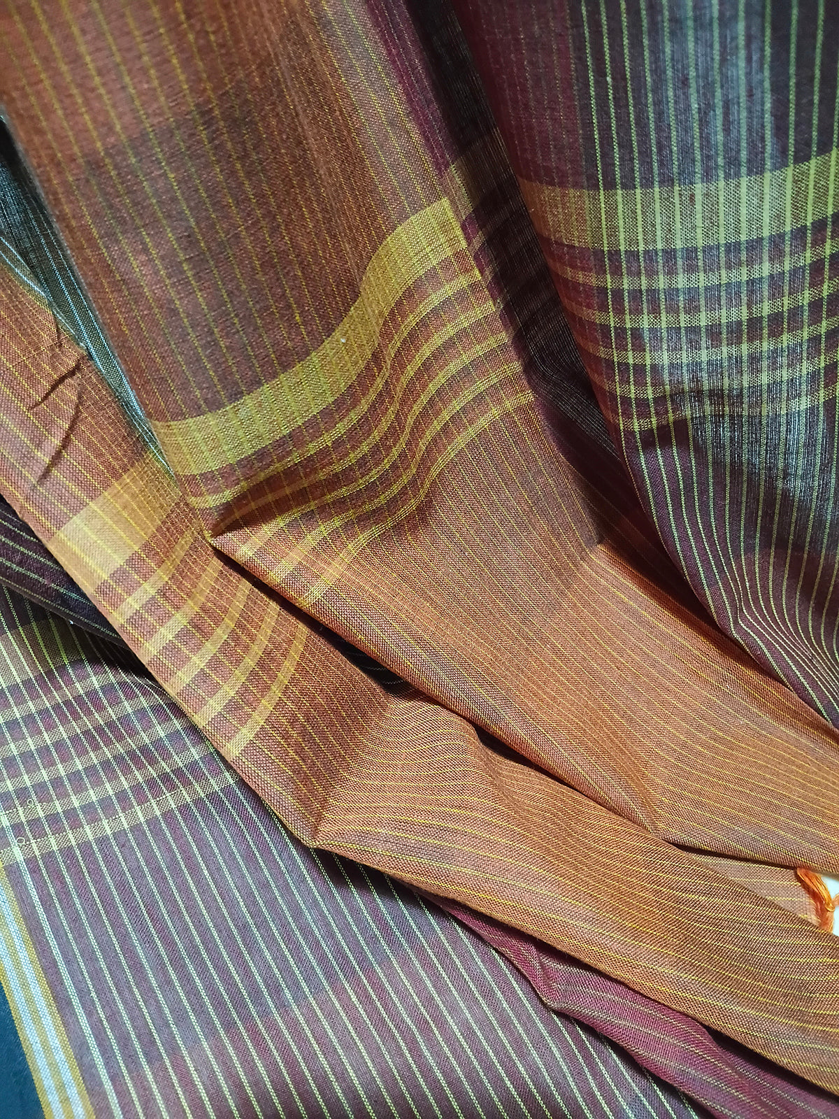 Contemporary Gamchha Cotton Saree – Mustard, Rust & Olive Checks