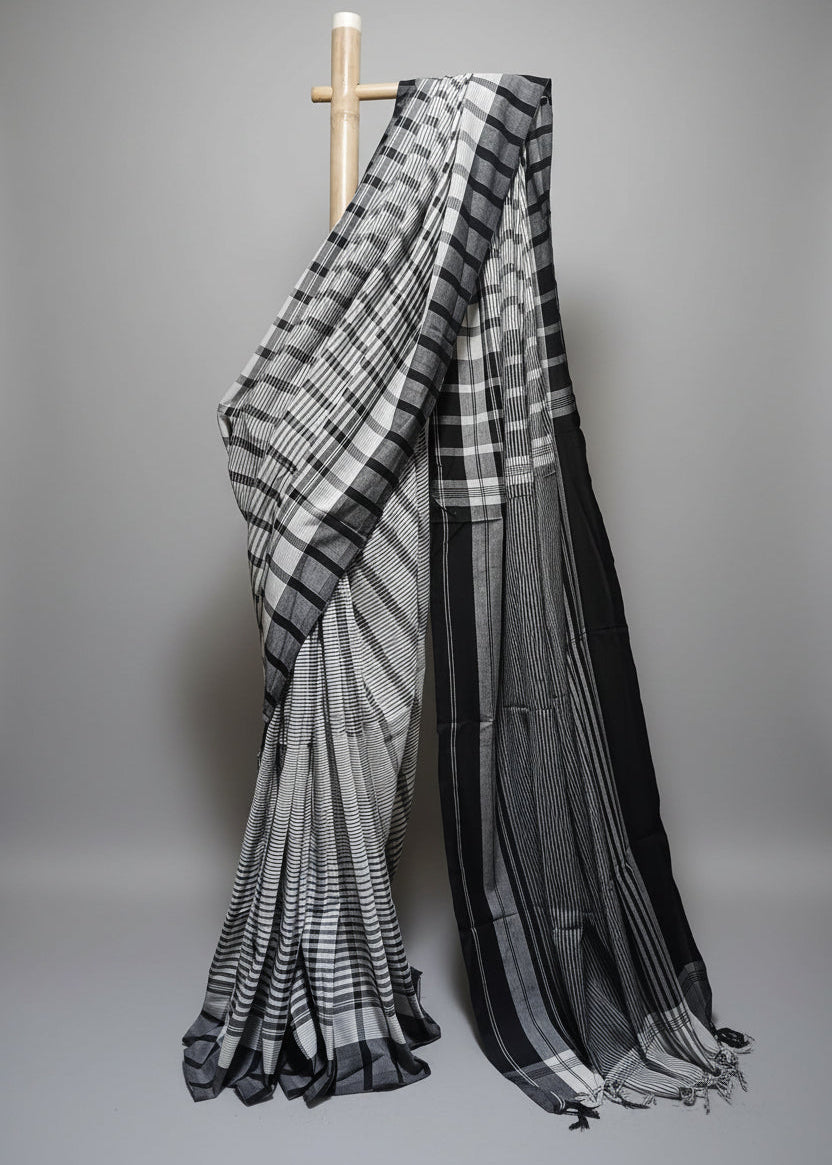 Contemporary Gamchha Cotton Saree – Classic Black & White Checks
